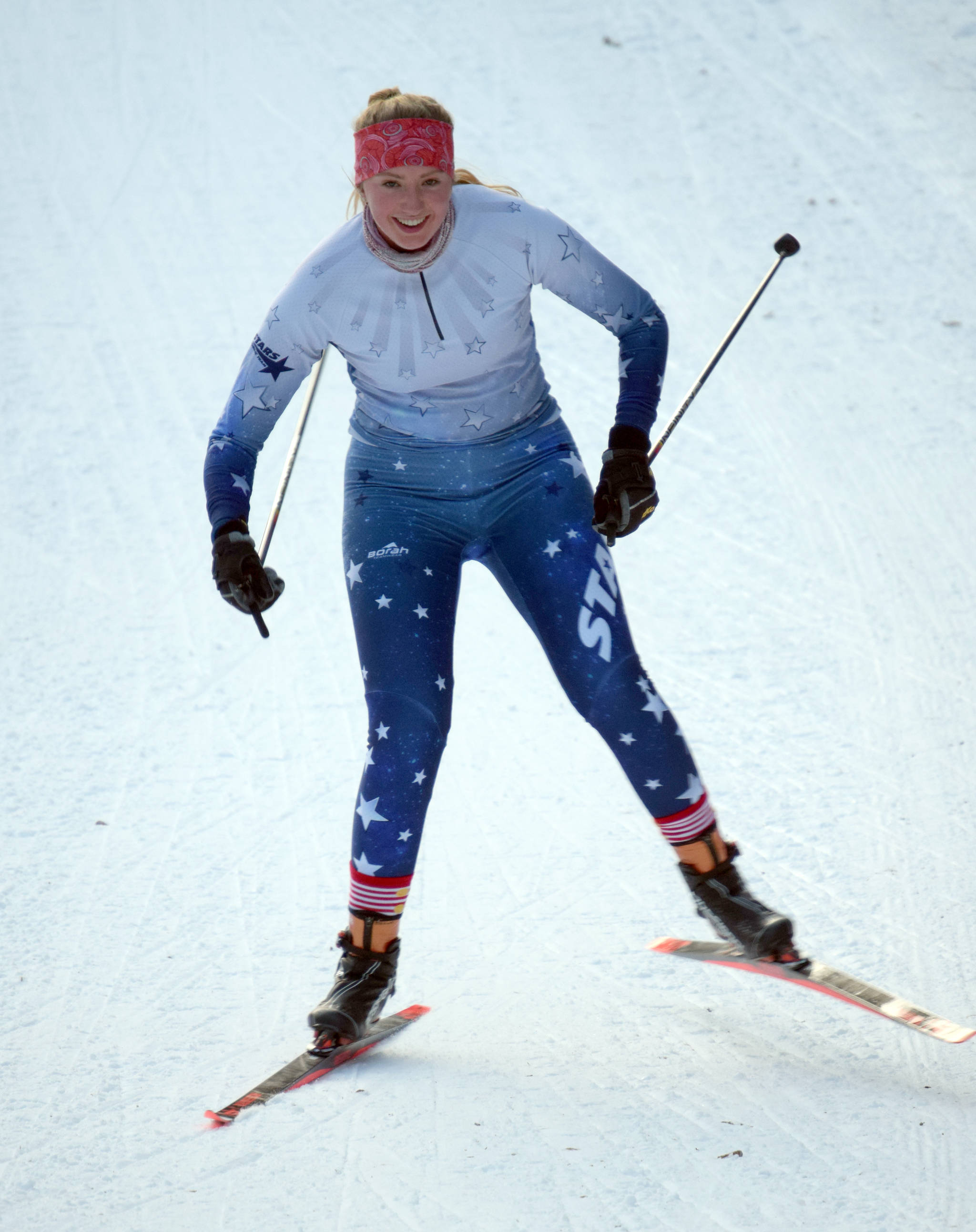 Soldotna’s Cameron Blackwell skis to victory in the Candy Cane Scramble on Friday, Dec. 20, 2019, at Tsalteshi Trails just outside of Soldotna, Alaska. (Photo by Jeff Helminiak/Peninsula Clarion)