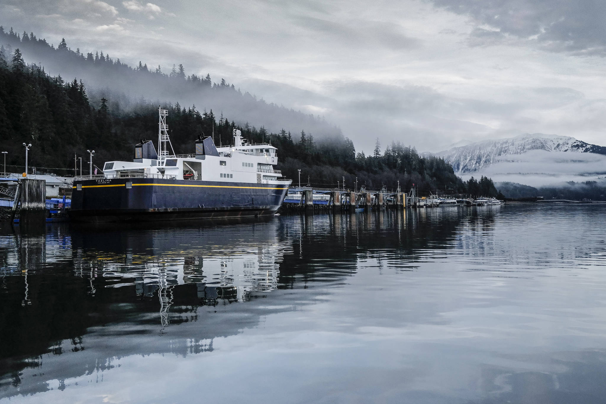 The Alaska Marine Highway System’s Tazlina sits at the Auke Bay Terminal on Monday, Dec. 9, 2019. (Michael Penn | Juneau Empire)