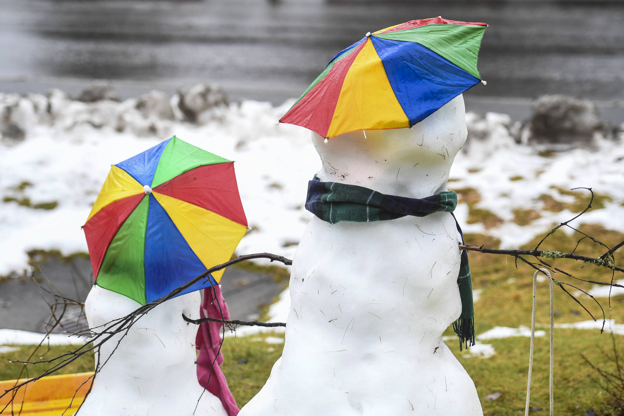 Even snowmen need umbrellas to survive on Wednesday, Dec. 11, 2019. (Michael Penn | Juneau Empire File)