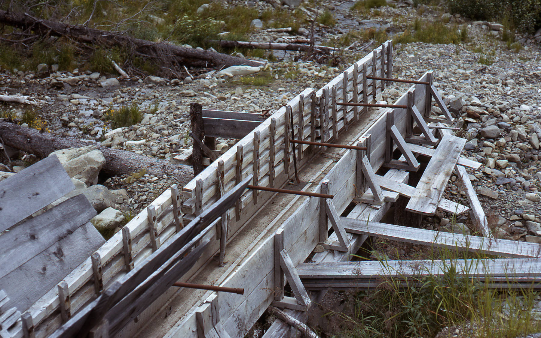 A Surprise Creek sluice box still in place in 1967. (Photo from the Fair Family Collection)