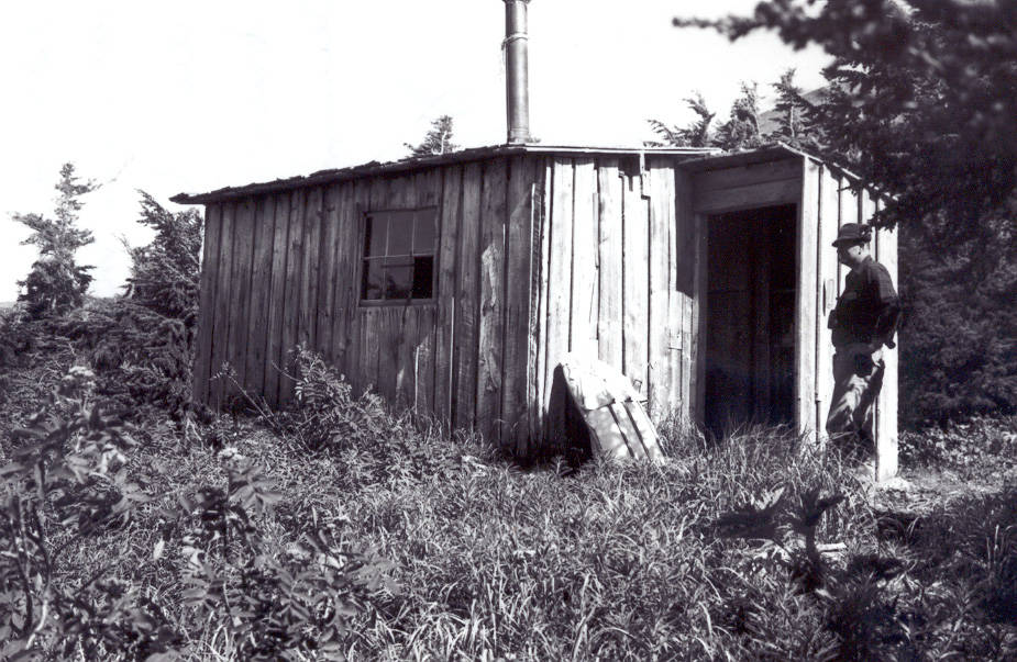 A ptarmigan hunter takes in the sunshine near the front door of the Jims’ cabin on upper Surprise Creek, summer 1968. (Photo from the Fair Family Collection)