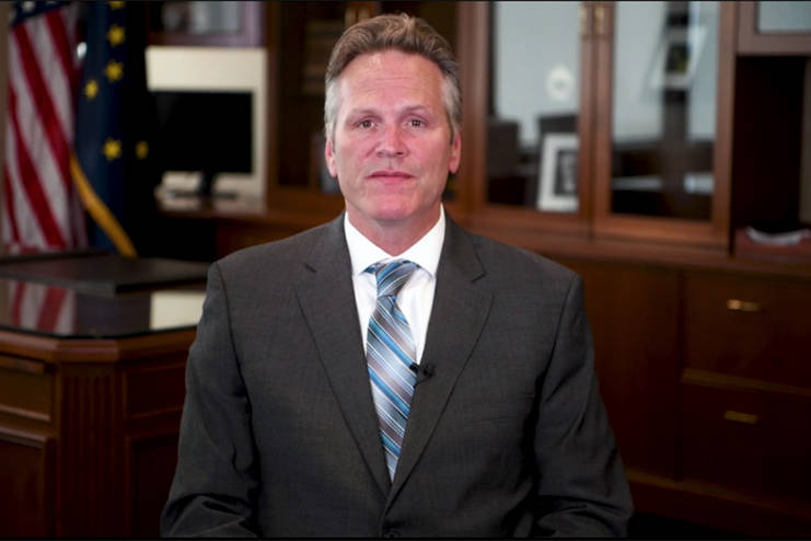 Gov. Mike Dunleavy makes an announcement via pre-recorded video on House Bill 2001 and the Permanent Fund Dividend on Monday, August 19, 2019.