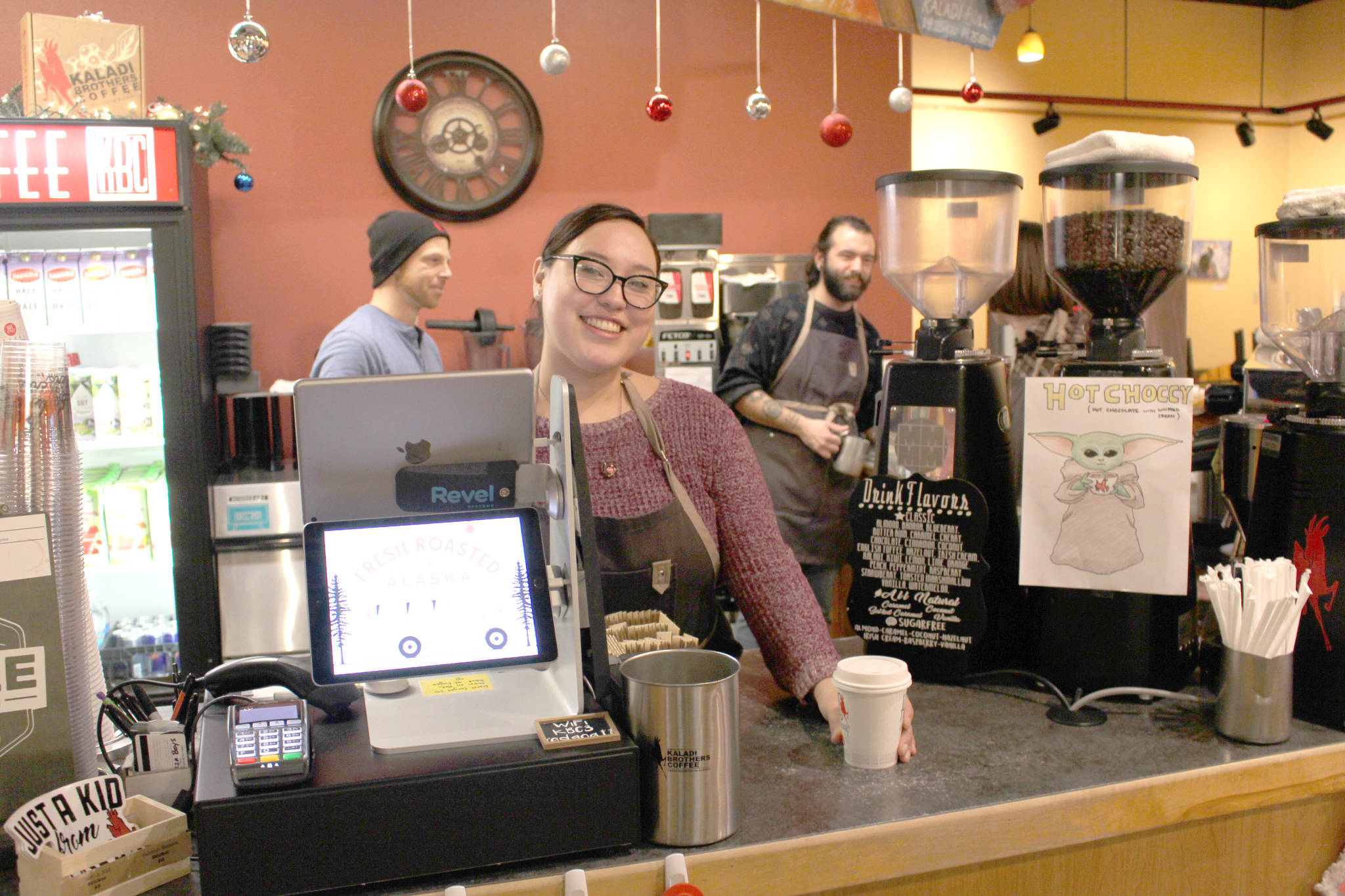 Shift leader Melanie Smith serves up a hazelnut latte at the Kaladi Brothers Coffee shop on Kobuk Street in Soldotna, Alaska on Jan. 1, 2020. Kaladi Brothers donated all of their proceeds from coffee sales on New Year’s Day to the Students in Transition program, which provides resources to homeless students on the Kenai Peninsula. (Photo by Brian Mazurek/Peninsula Clarion)
