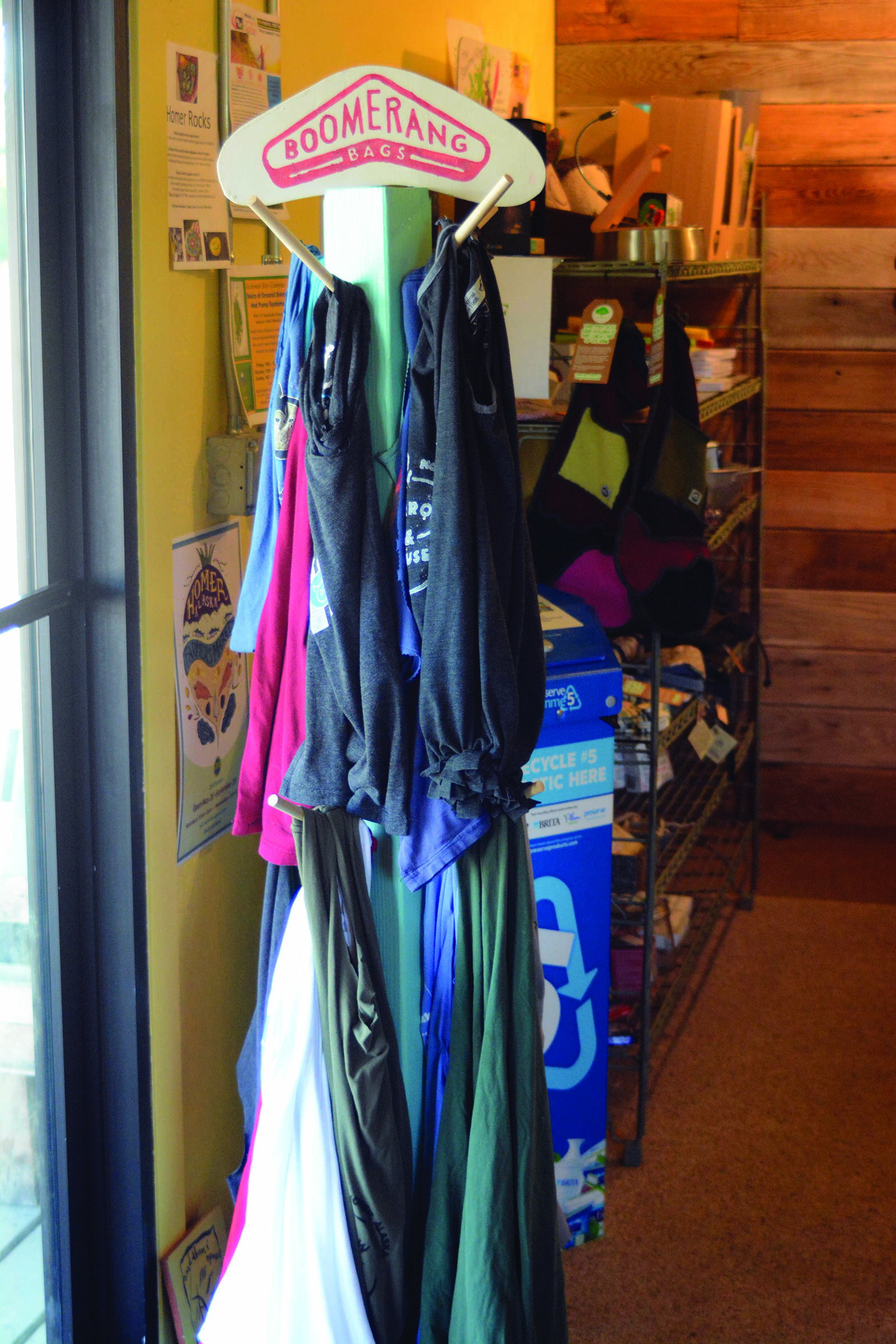 A display of Boomerang Bags is available at Sustainable Wares on Ocean Drive in Homer, Alaska. Store owner Karen West said on Sept. 25, 2018 that people have been regularly using the bags. (Photo by Michael Armstrong/Homer News)