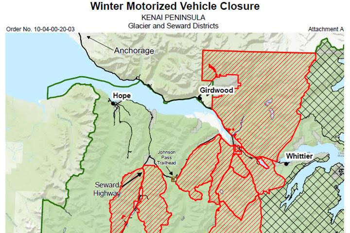 Areas closed to snowmachining can be seen in this graphic provided by the Chugach National Forest. (Courtesy image)