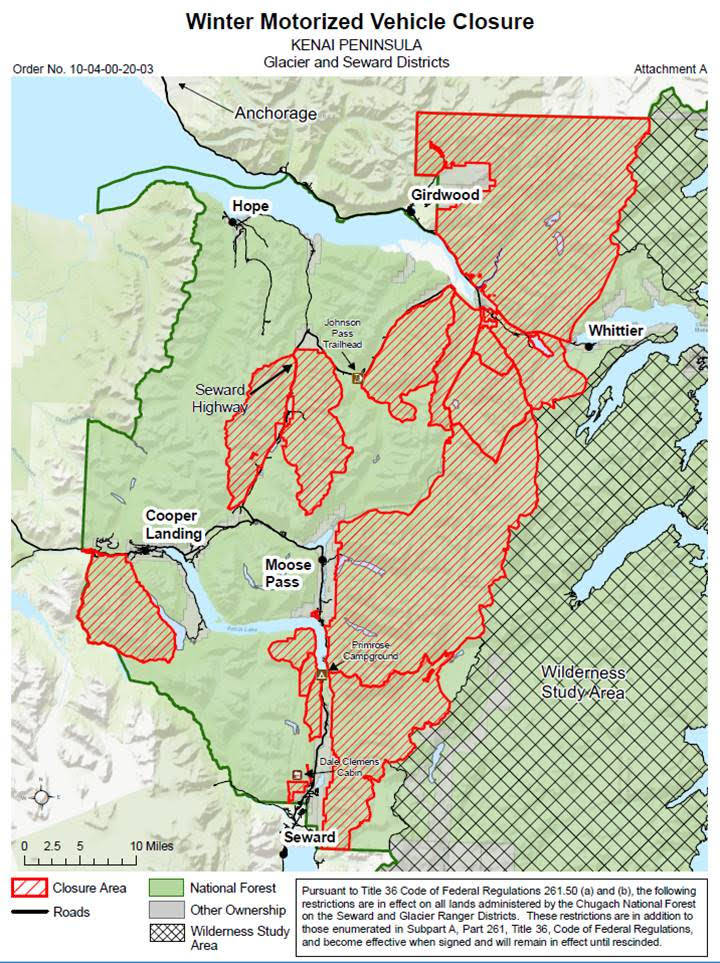 Areas closed to snowmachining can be seen in this graphic provided by the Chugach National Forest. (Courtesy image)