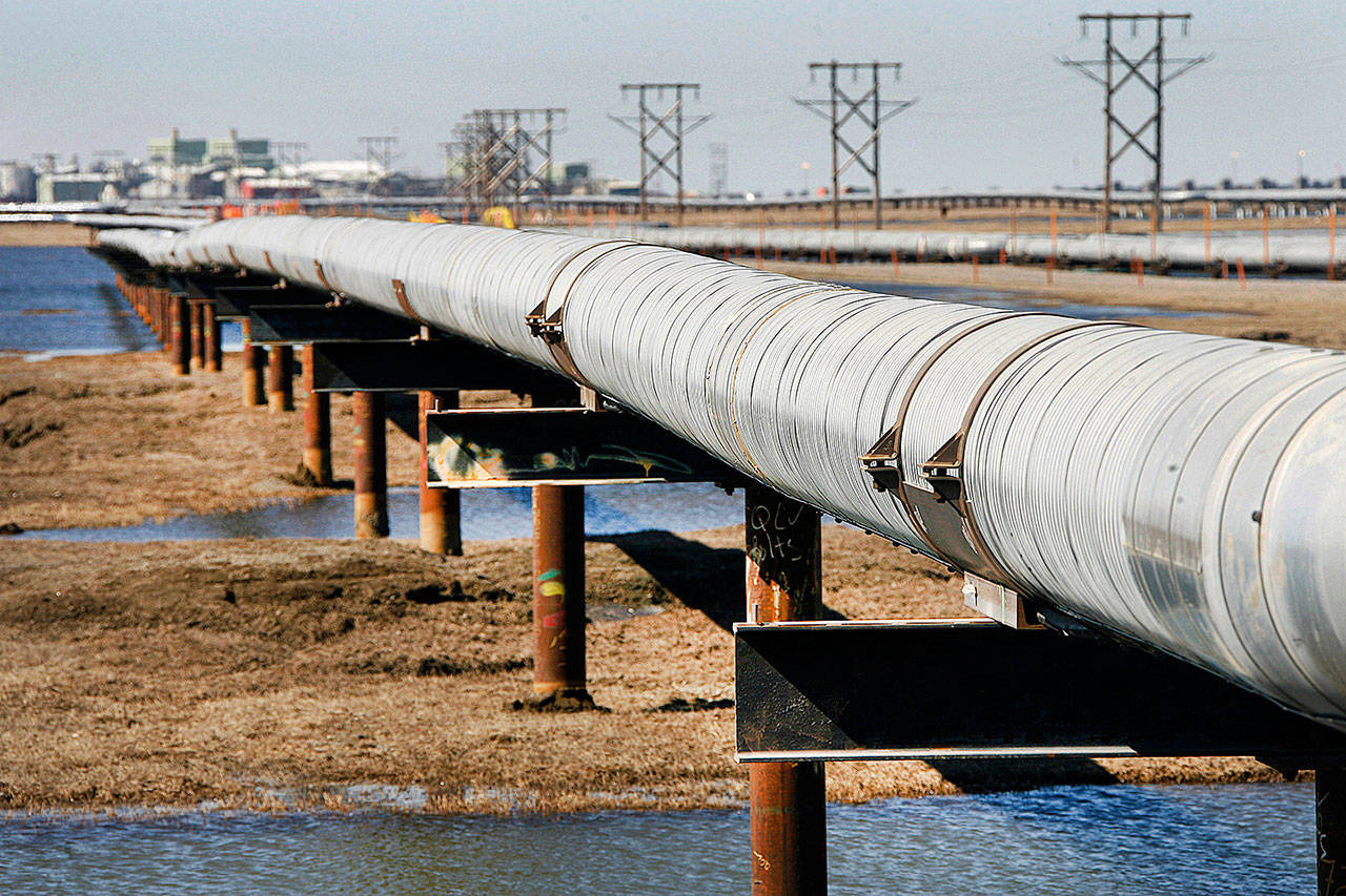 In this 2007 file photo, an oil transit pipeline runs across the tundra to flow station at the Prudhoe Bay oil field on Alaska’s North Slope. (AP Photo/Al Grillo, File)