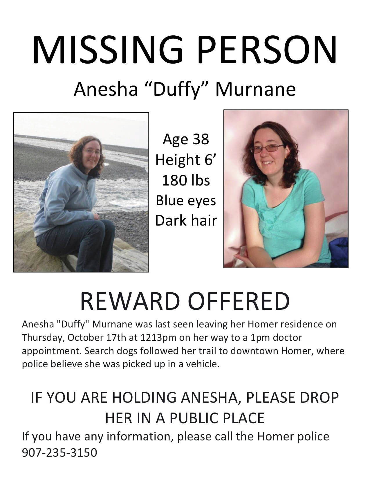 A poster for Anesha “Duffy” Murnane, missing since Oct. 17, 2019, from Homer, Alaska. (Photo courtesy of the Murnane family)
