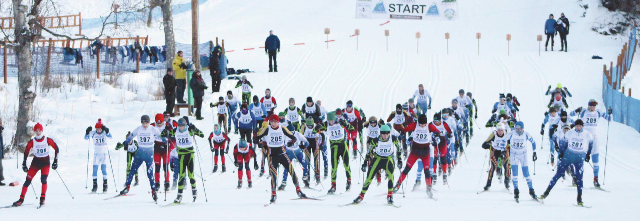Skiers leave the chute during the boys’ 5-kilometer at the Government Peak Invitational Friday. (Photo by Tim Rockey/Frontiersman)