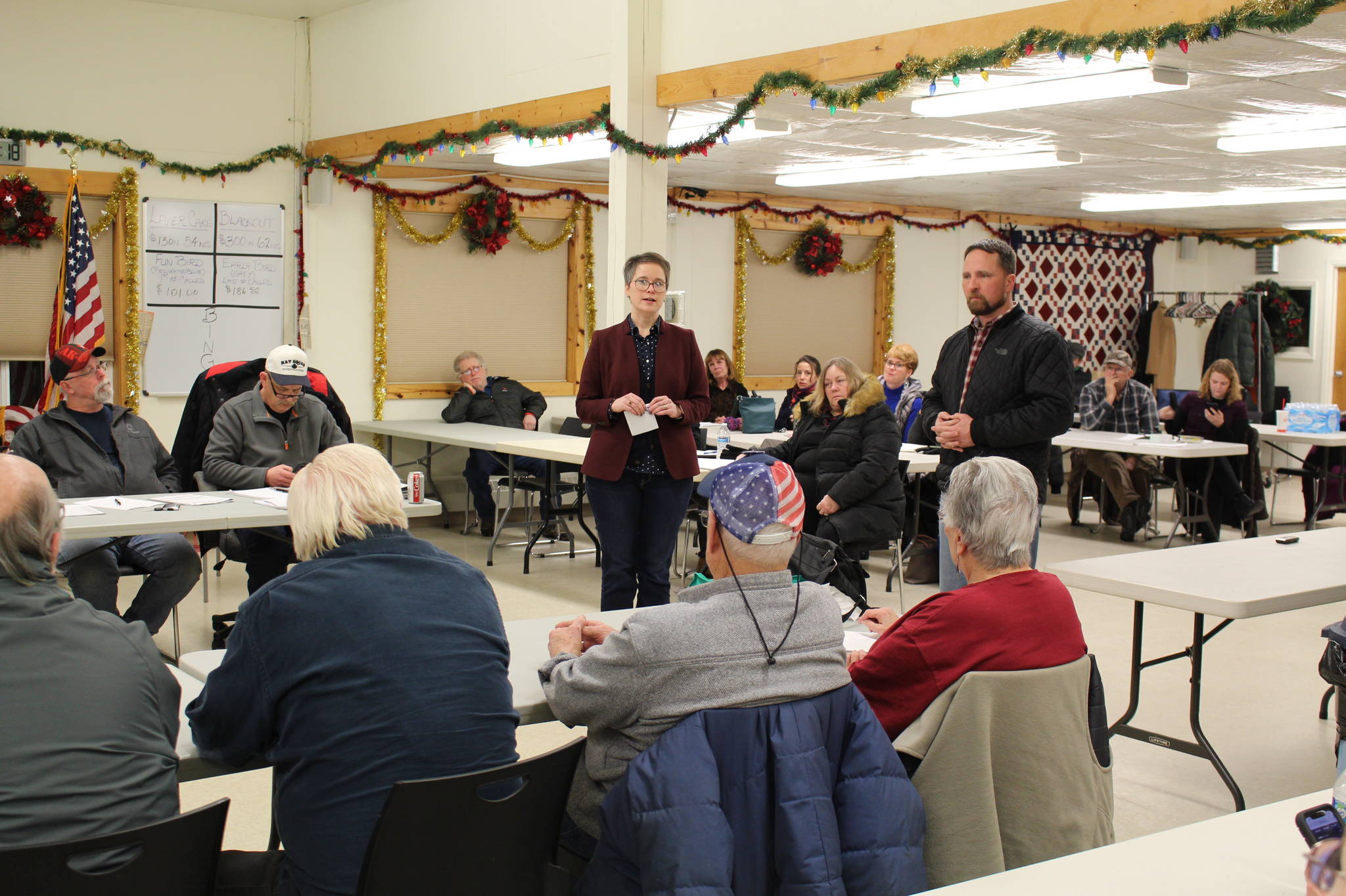 Rep. Sarah Vance, R-Homer, left and Rep. Ben Carpenter, R-Nikiski, right, speak to constituents during a town hall at the Funny River Community Center in Funny River, Alaska, on Thursday, Jan. 9, 2020. (Photo by Brian Mazurek/Peninsula Clarion)