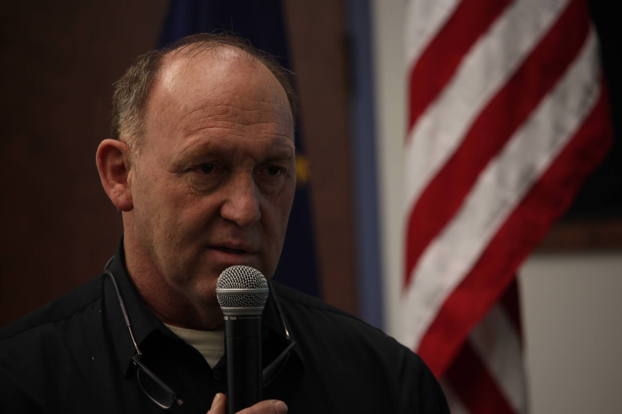 Brian Mazurek / Peninsula Clarion                                State Rep. Gary Knopp (R-Soldotna) speaks to constituents during a town hall Thursday at the Kenai Visitor and Cultural Center.