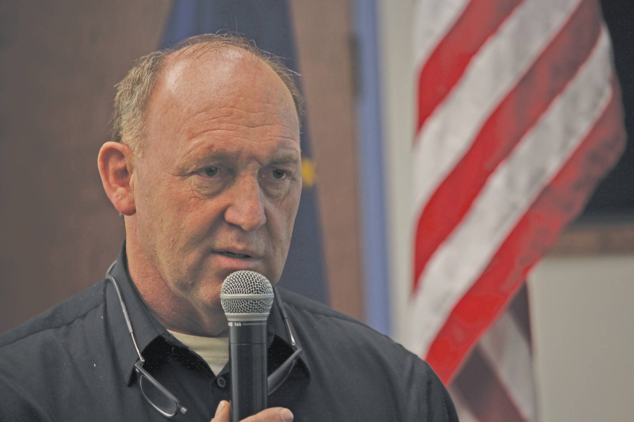Rep. Gary Knopp, R-Soldotna, speaks to constituents during a town hall at the Kenai Visitor and Cultural Center in Kenai, Alaska on Jan. 9, 2020. (Photo by Brian Mazurek/Peninsula Clarion)