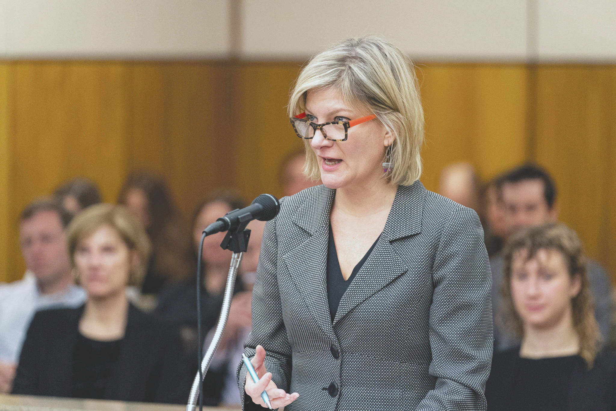 Former Alaska Attorney General Jahna Lindemuth argues on behalf of the Recall Dunleavy campaign Friday, Jan. 10, 2020 in Alaska Superior Court. The campaign alleges that the state improperly rejected one step of their recall effort. Judge Eric Aarseth ruled that an effort to recall Republican Gov. Mike Dunleavy may proceed, a decision that is expected to be appealed. The decision followed arguments in the case and came two months after Gail Fenumiai, director of the state Division of Elections, rejected a bid to advance the recall effort. (Loren Holmes/Anchorage Daily News via AP)