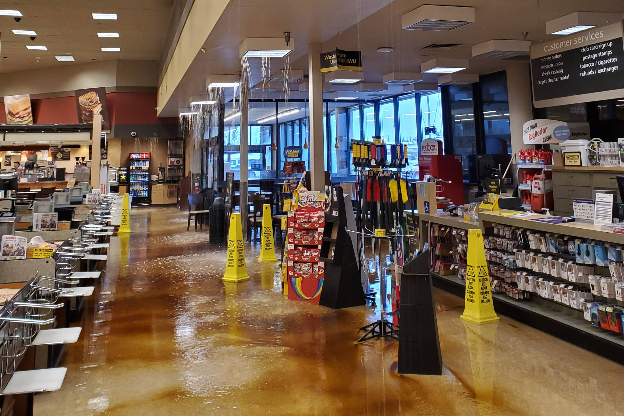 Flooding in Safeway can be seen here in Soldotna, Alaska, on Jan. 13, 2020. (Photo courtesy Brooke Dobson/Central Emergency Services)