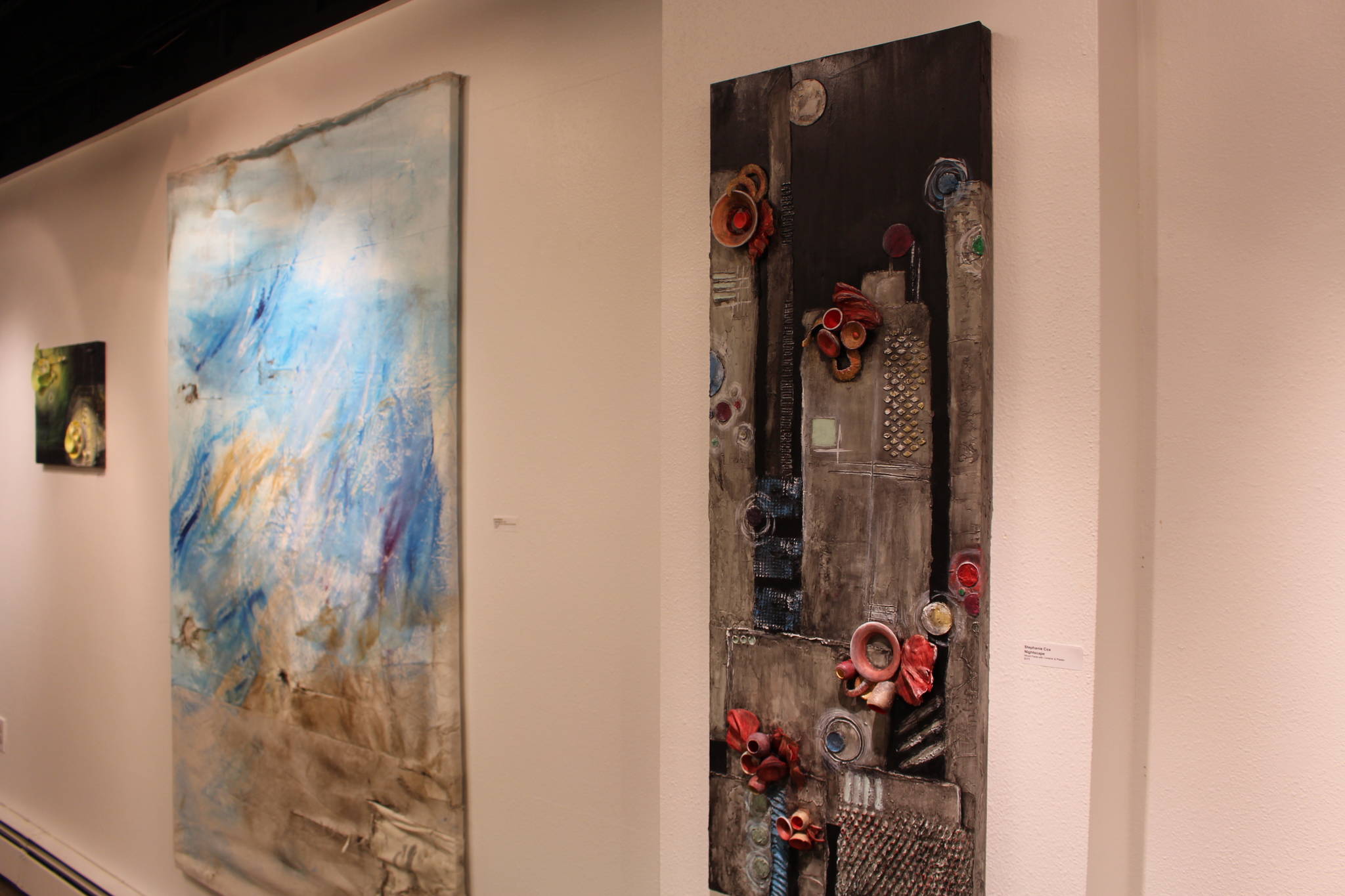 The work of Stephanie Cox and Anna Widman is seen here on display at the Kenai Fine Art Center in Kenai, Alaska, on Jan. 2, 2020. (Photo by Brian Mazurek/Peninsula Clarion)