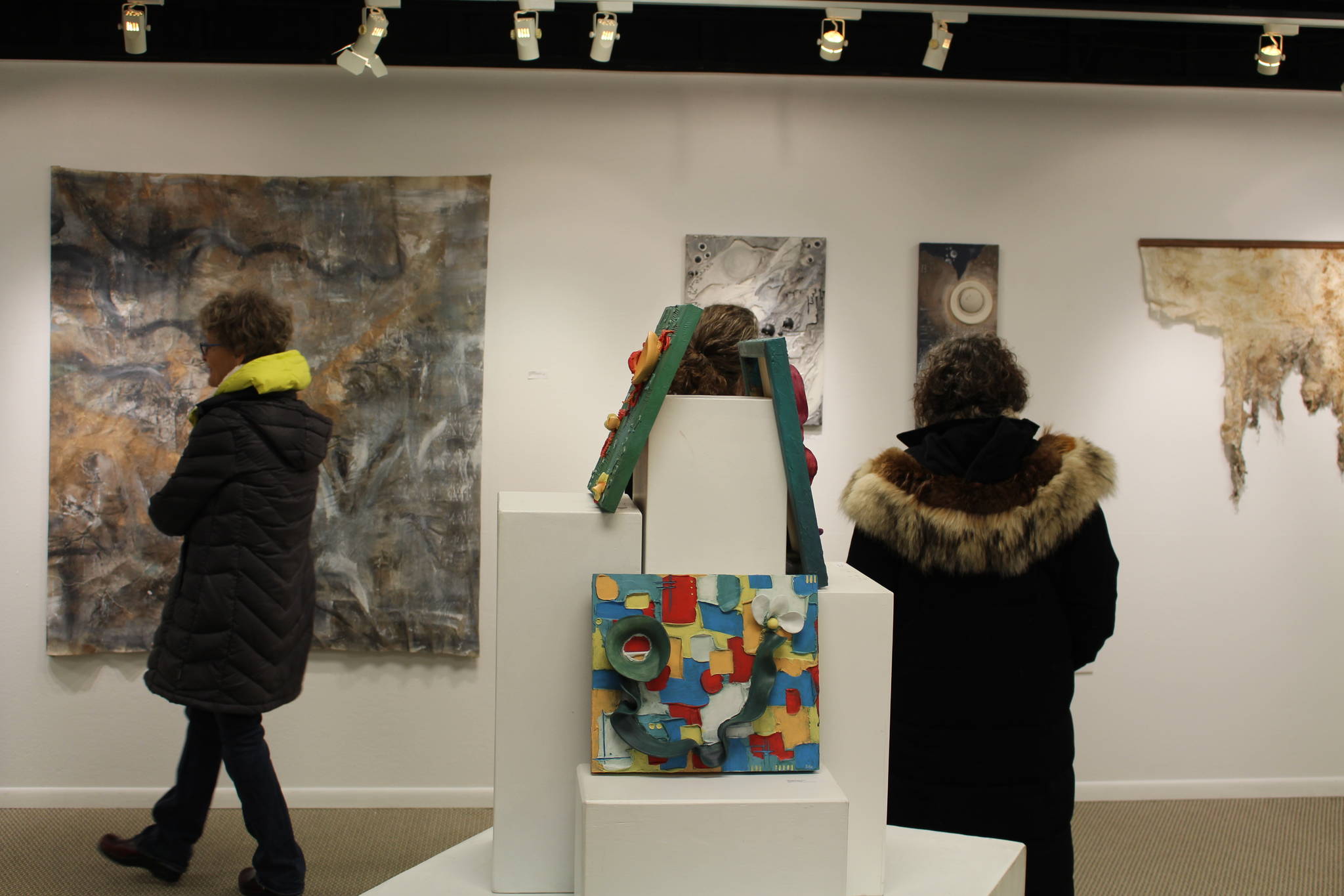 The work of Stephanie Cox and Anna Widman is seen here on display at the Kenai Fine Art Center in Kenai, Alaska, on Jan. 2, 2020. (Photo by Brian Mazurek/Peninsula Clarion)
