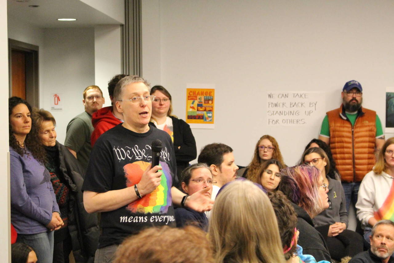 Brian Mazurek | Peninsula Clarion                                Tammie Willis speaks at the LGTBQ Town Hall at the Soldotna Public Library in Soldotna on Jan. 4.