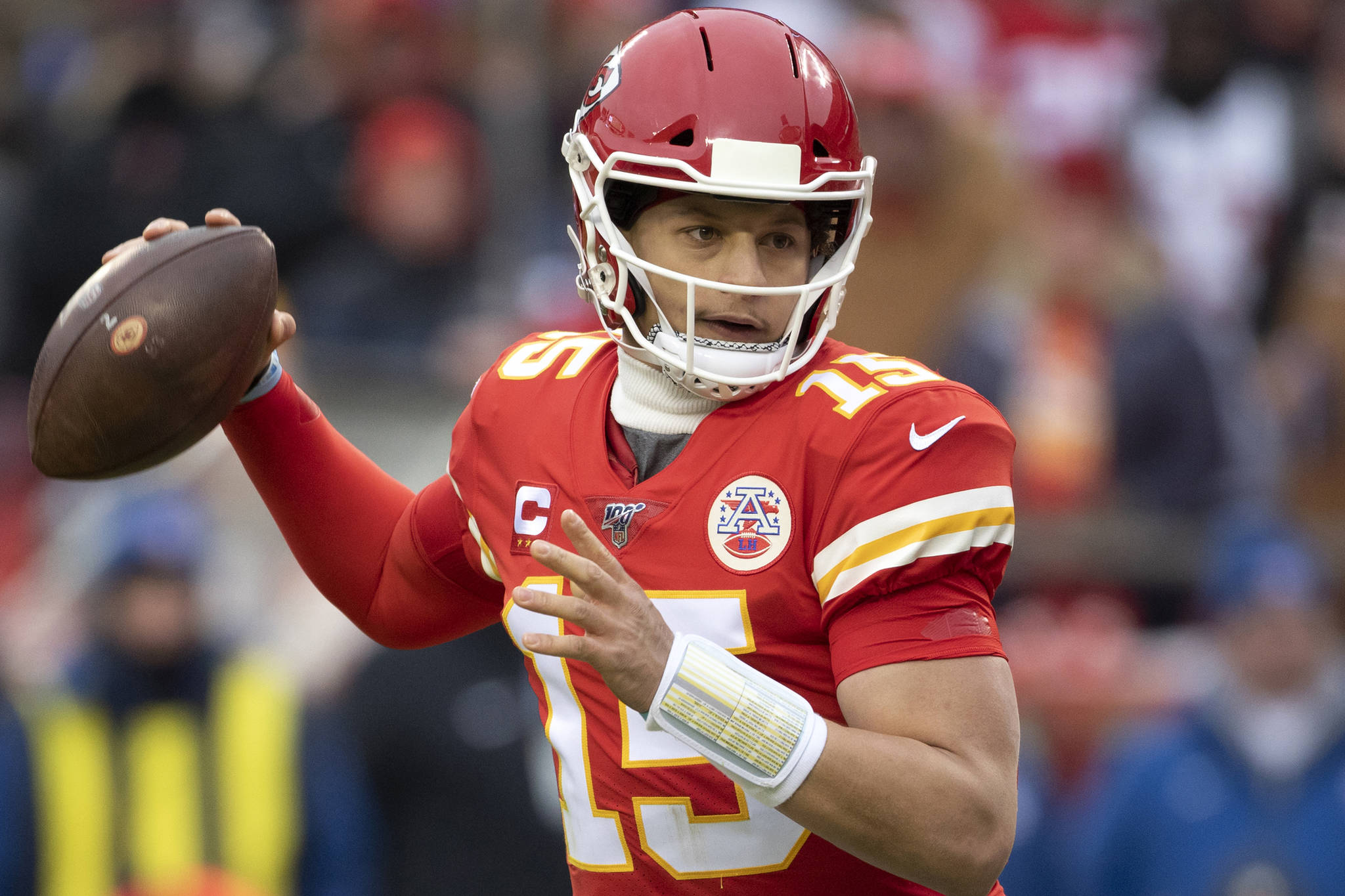 Kansas City Chiefs quarterback Patrick Mahomes during an NFL divisional playoff football game against the Houston Texans in Kansas City, Mo., Sunday, Jan. 12, 2020. (AP Photo/Colin E. Braley)