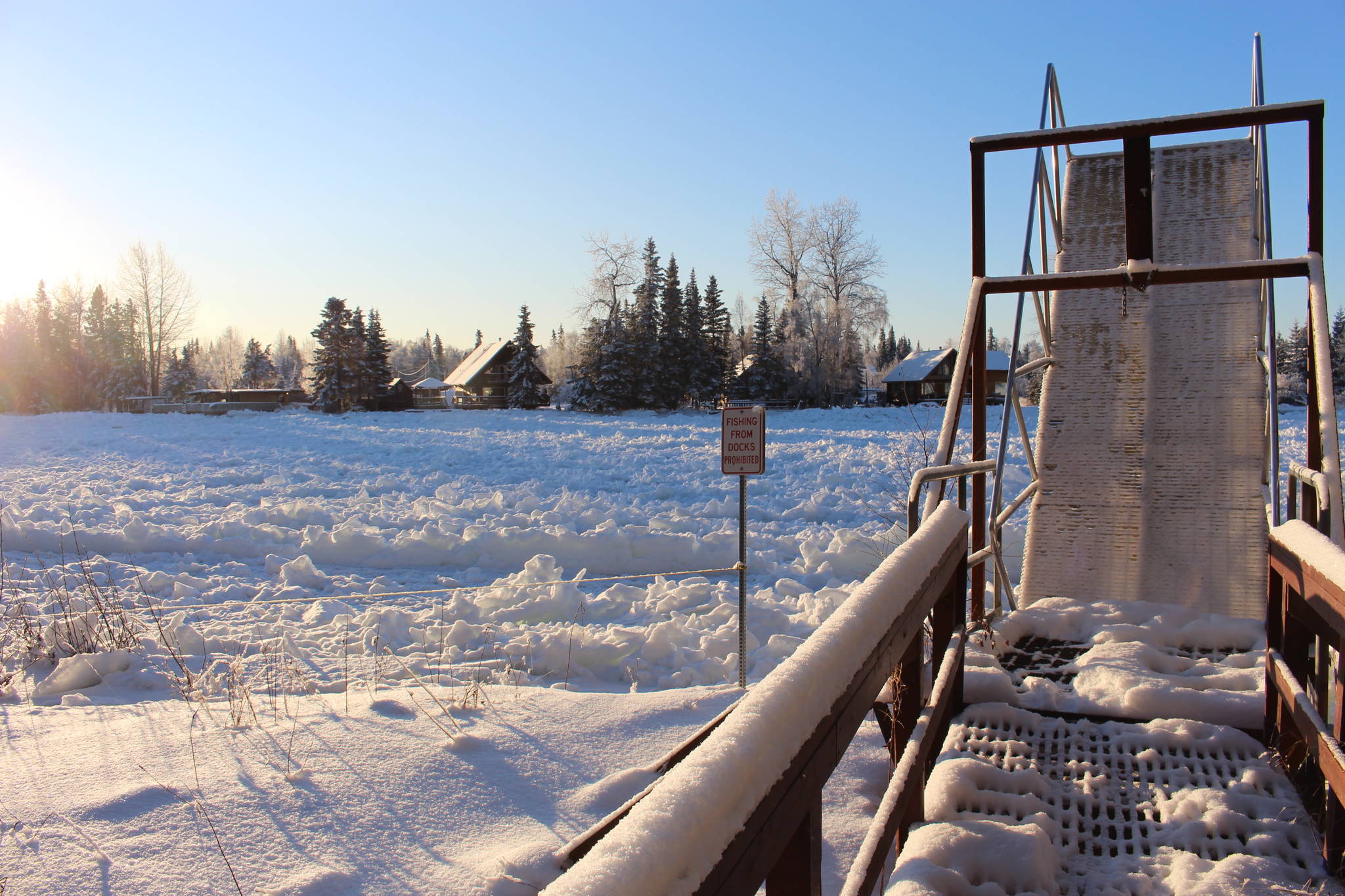 The frozen Kenai River can be seen here from the Ciechanski Day Use Area in Kenai, Alaska on Jan. 16, 2020. (Photo by Brian Mazurek/Peninsula Clarion)