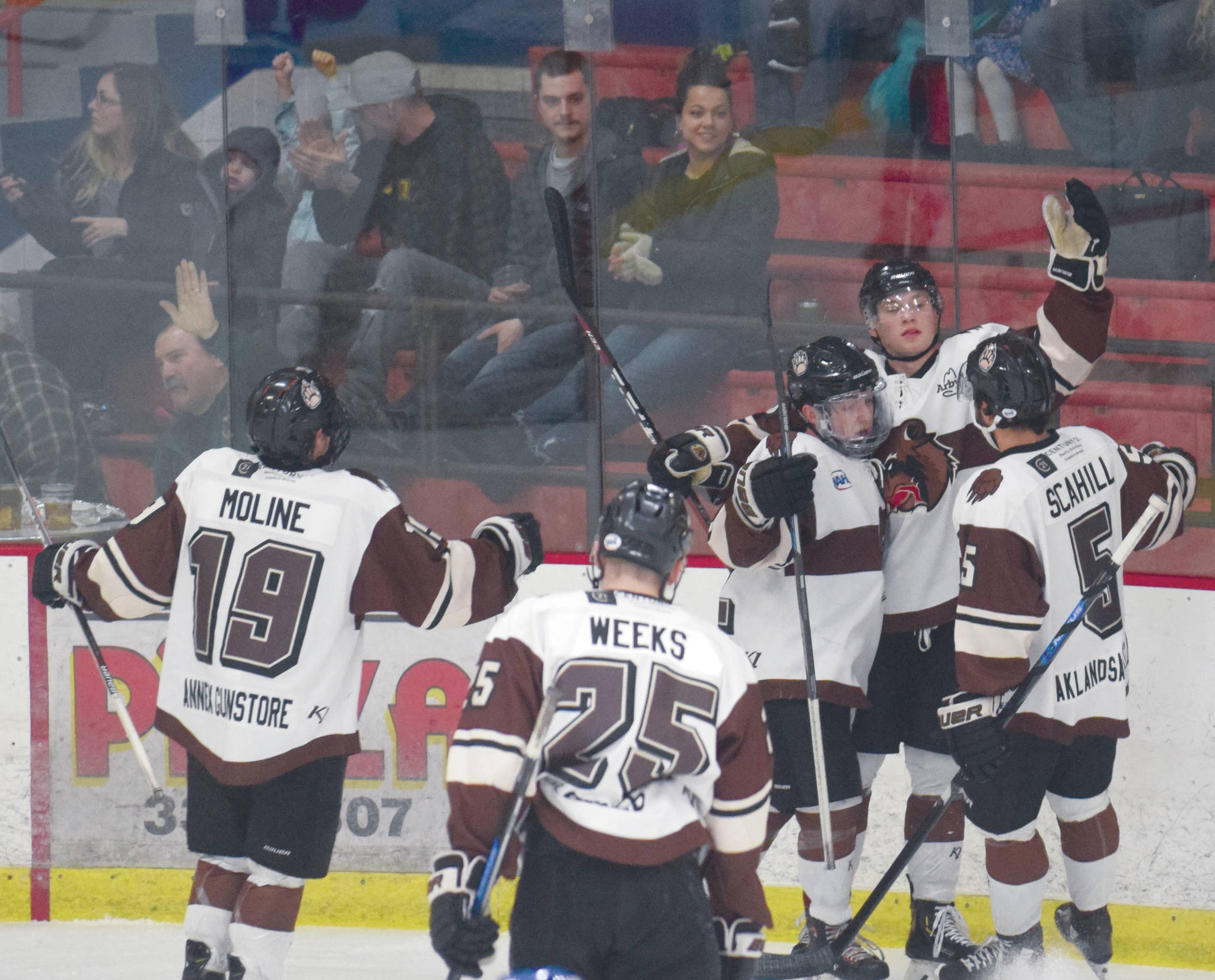 Kenai River Brown Bears forward Brandon Lajoie (arm raised) celebrates his first-period goal Friday, Jan. 17, 2020, against the Maine Nordiques at the Soldotna Regional Sports Complex in Soldotna, Alaska. (Photo by Jeff Helminiak/Peninsula Clarion)