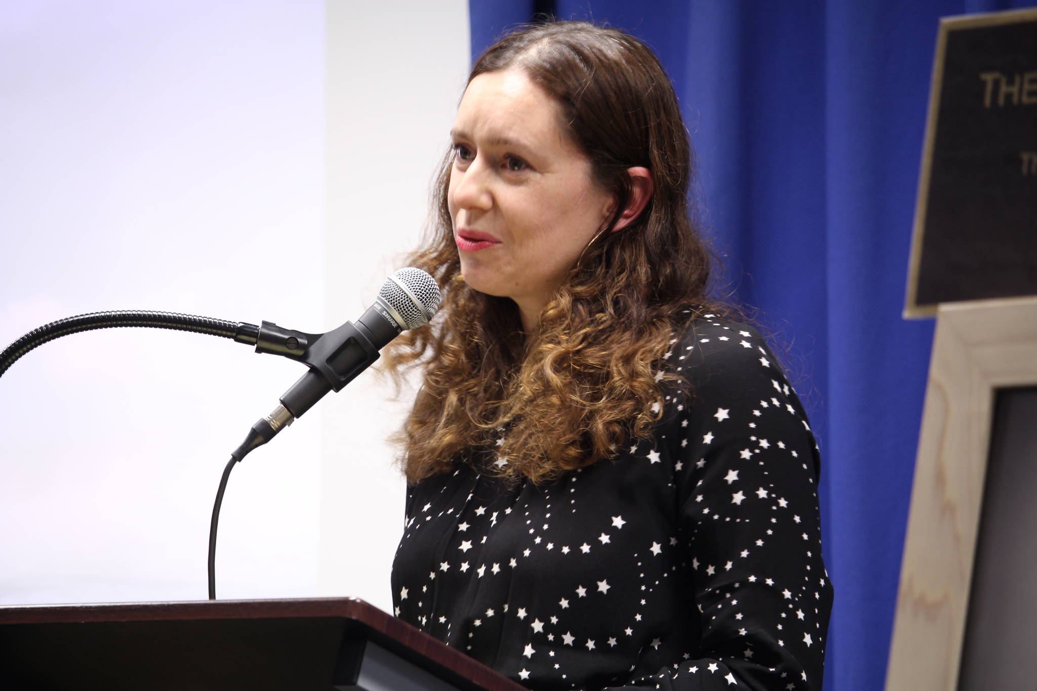 Kristin Boraas-Carder speaks during the Celebration of Life for her father, Dr. Alan Boraas, at Kenai Peninsula College in Soldotna, Alaska on Jan. 17, 2020. (Photo by Brian Mazurek/Peninsula Clarion)