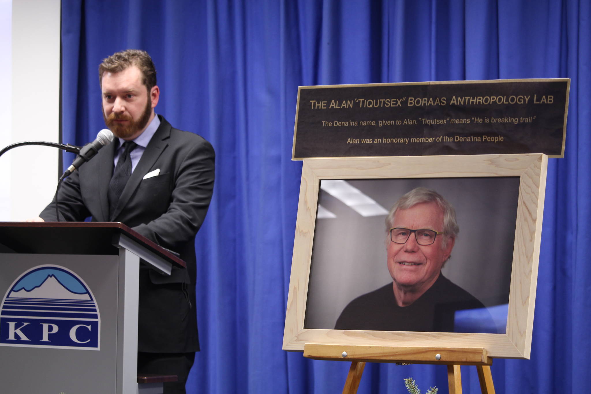 Erik Boraas speaks during the Celebration of Life for his father, Dr. Alan Boraas, at Kenai Peninsula College in Soldotna, Alaska on Friday, Jan. 17, 2020. (Photo by Brian Mazurek/Peninsula Clarion)