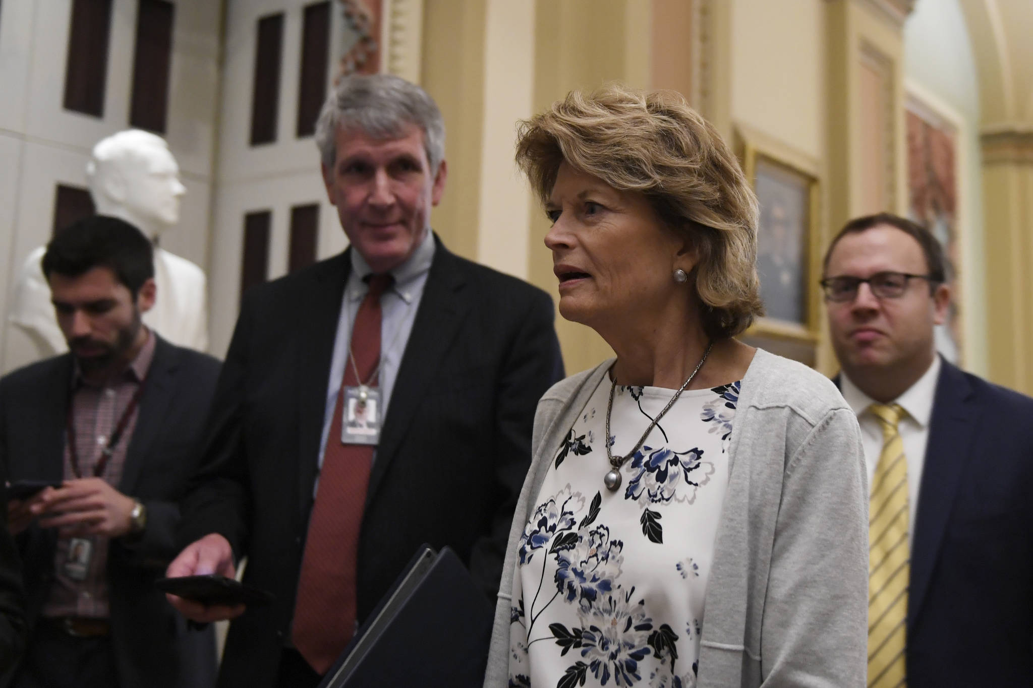 Sen. Lisa Murkowski, R-Alaska, talks to reporters on Capitol Hill in Washington, Wednesday, Jan. 15, 2020. (AP Photo/Susan Walsh)
