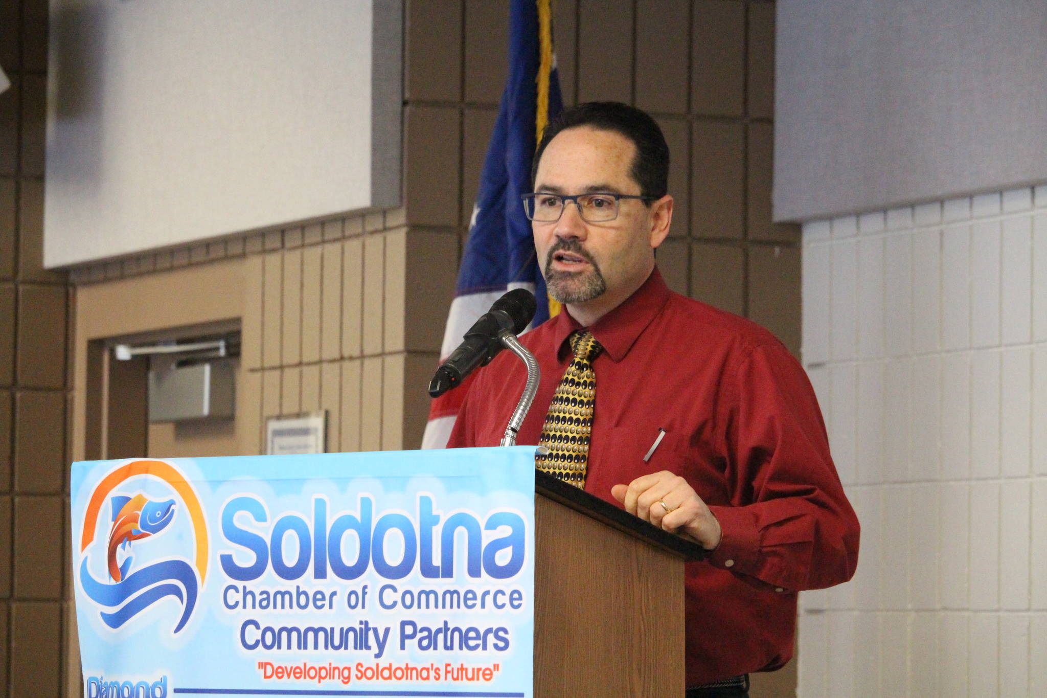 John O’Brien, superintendent for the Kenai Peninsula School District, gives a presentation to the Soldotna Chamber of Commerce at the Soldotna Regional Sports Complex in Soldotna, Alaska, on Wednesday, Jan. 22, 2020. (Photo by Brian Mazurek/Peninsula Clarion)