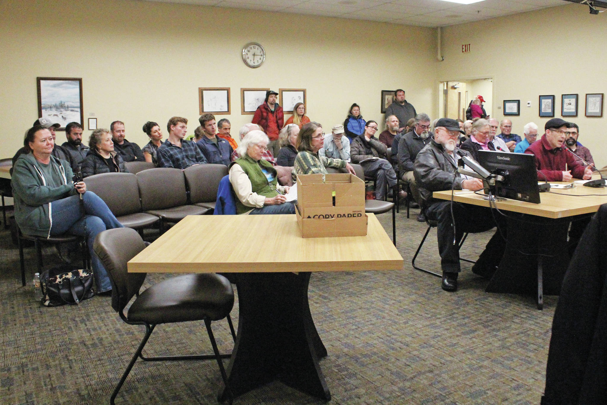 Members of the community give public testimony about a Homer City Council resolution dealing with the Alaska Department of Fish and Game’s proposal to repeal the ban on personal watercraft in critical habitat areas of Kachemak Bay during the Monday, Jan. 13, 2020 council meeting at Homer City Hall in Homer, Alaska. (Photo by Megan Pacer/Homer News)