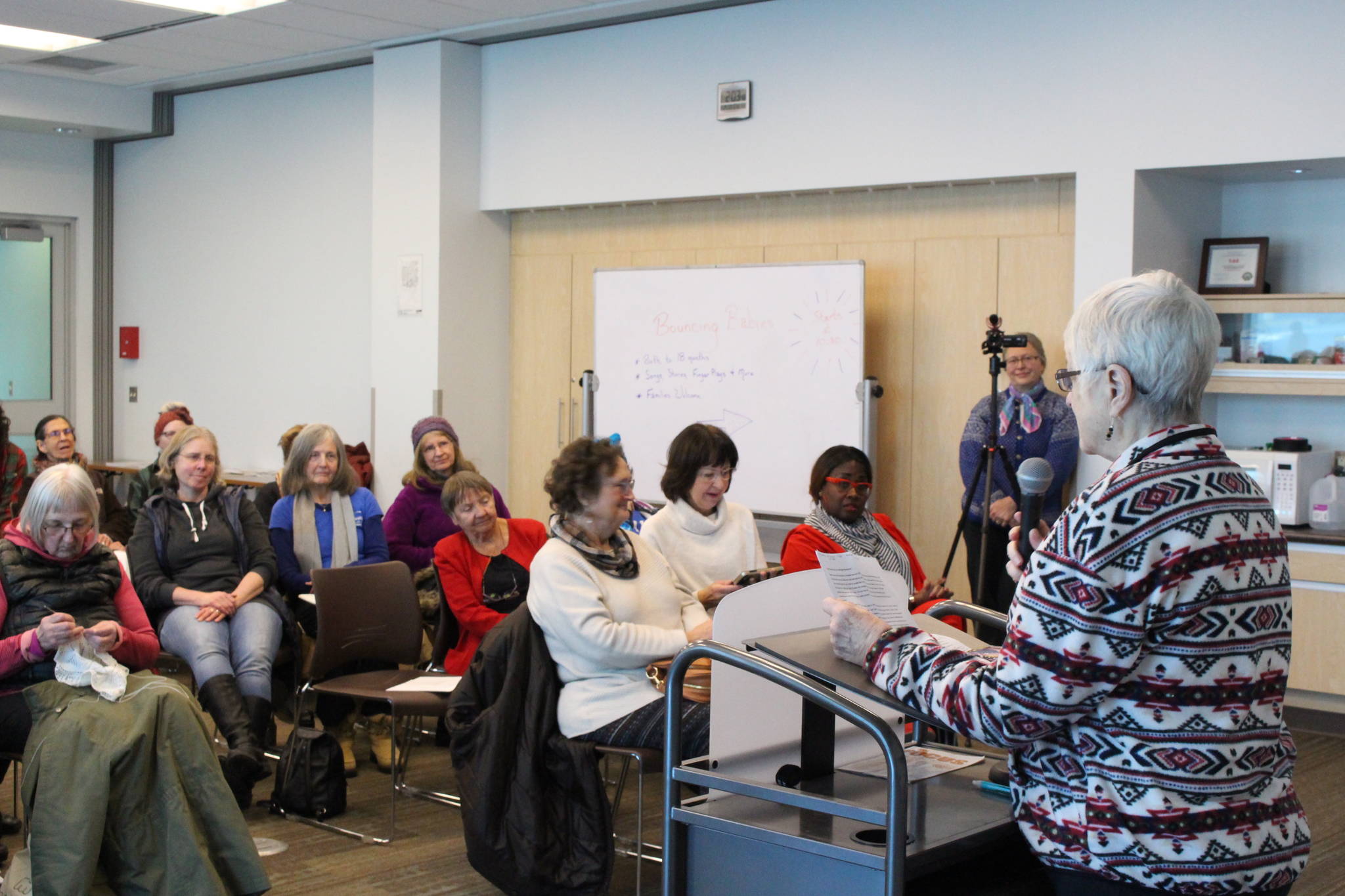 Marilyn Wheeless speaks to attendees of the Centennial Voices event at the Soldotna Public Library in Soldotna, Alaska, on Saturday, Jan. 25, 2020. (Photo by Brian Mazurek/Peninsula Clarion)