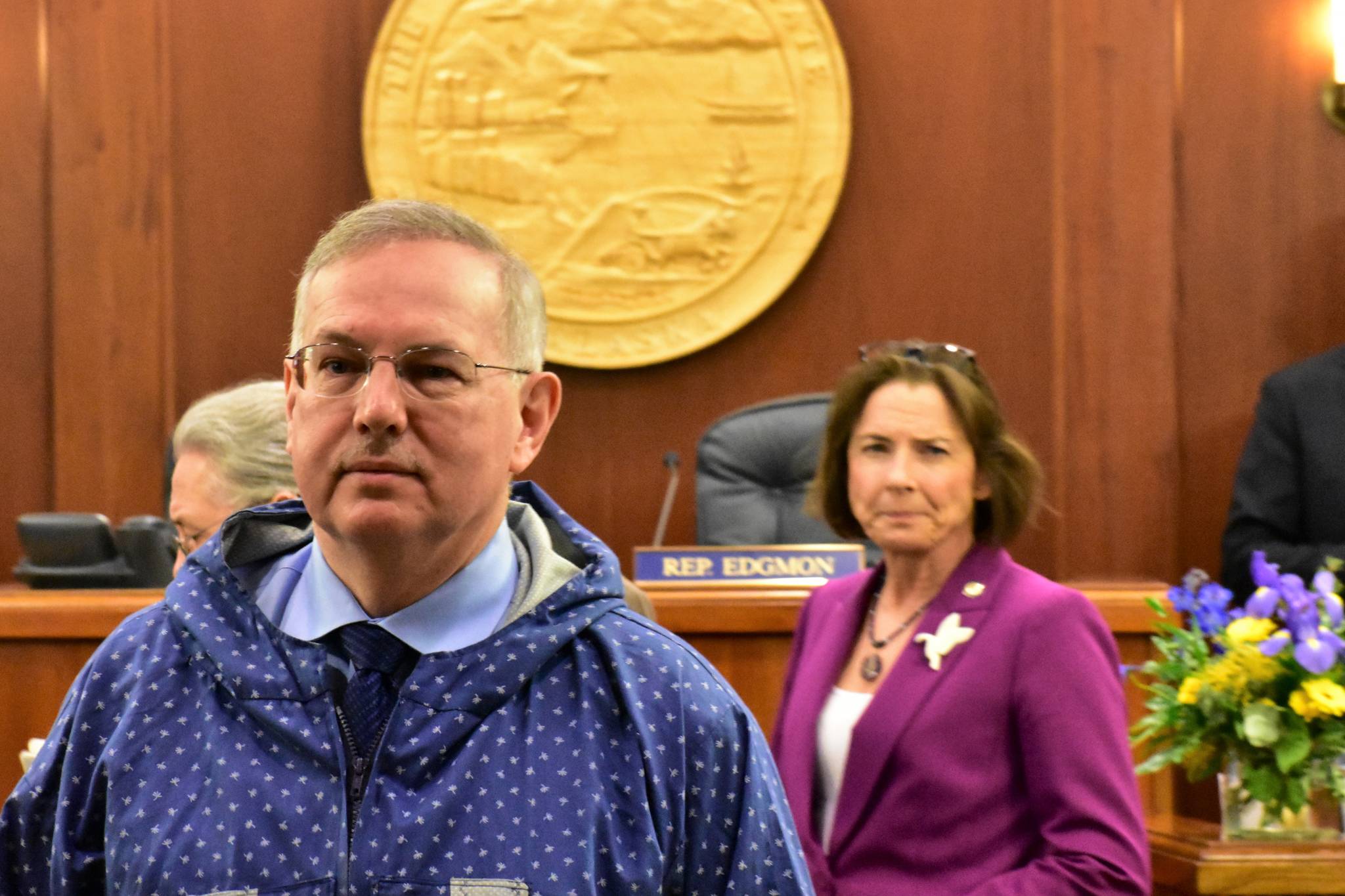 Peter Segall | Juneau Empire                                House Speaker Bryce Edgmon, I-Dillingham, and Senate President Cathy Giessel, R-Anchorage, in the House Chambers before a joint session on Friday.