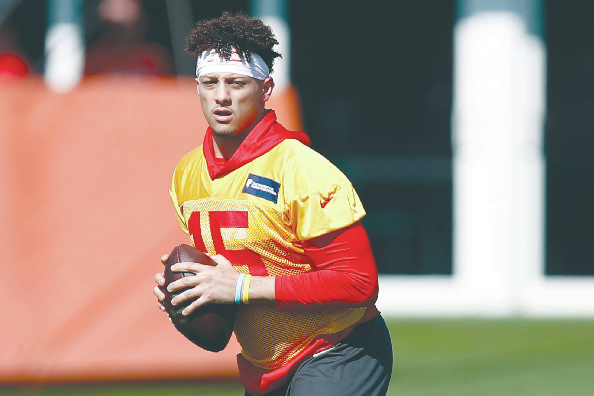 Kansas City Chiefs quarterback Patrick Mahomes (15) runs drills during practice on Wednesday, Jan. 29, 2020, in Davie, Fla., for the NFL Super Bowl 54 football game. (AP Photo/Brynn Anderson)