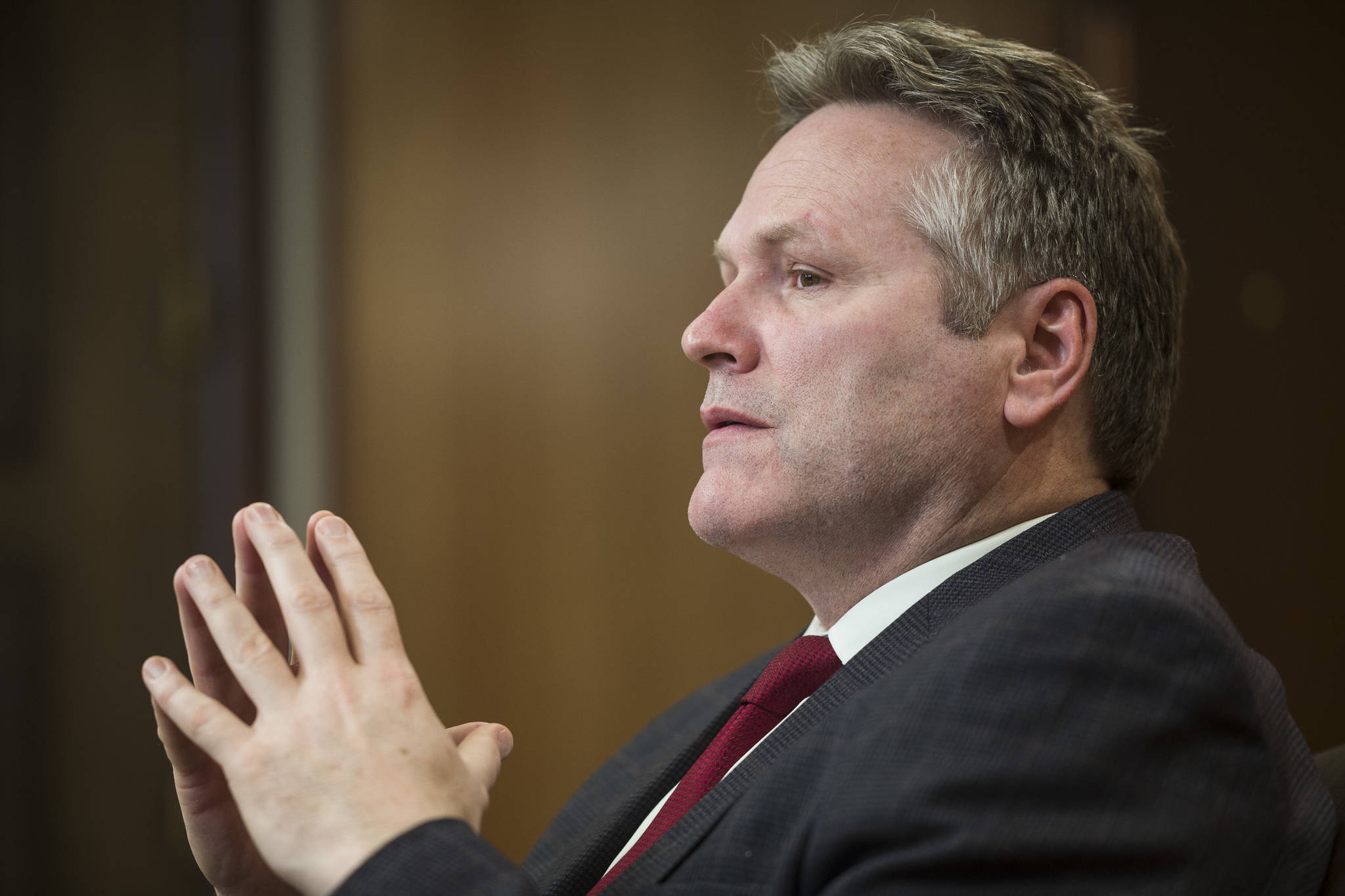 Gov. Mike Dunleavy speaks during an interview with the Juneau Empire at the Capitol on Tuesday, Feb. 26, 2019. (Michael Penn | Juneau Empire)