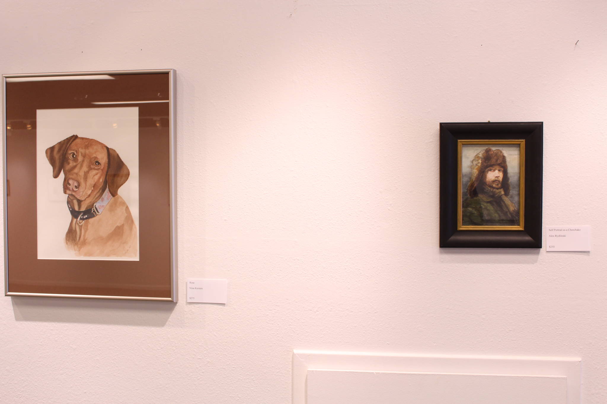 Watercolor paintings by Nina Kersten and Alex Rydinski are seen on display at the Kenai Fine Art Center in Kenai, Alaska on Feb. 4, 2020. (Photo by Brian Mazurek/Peninsula Clarion)