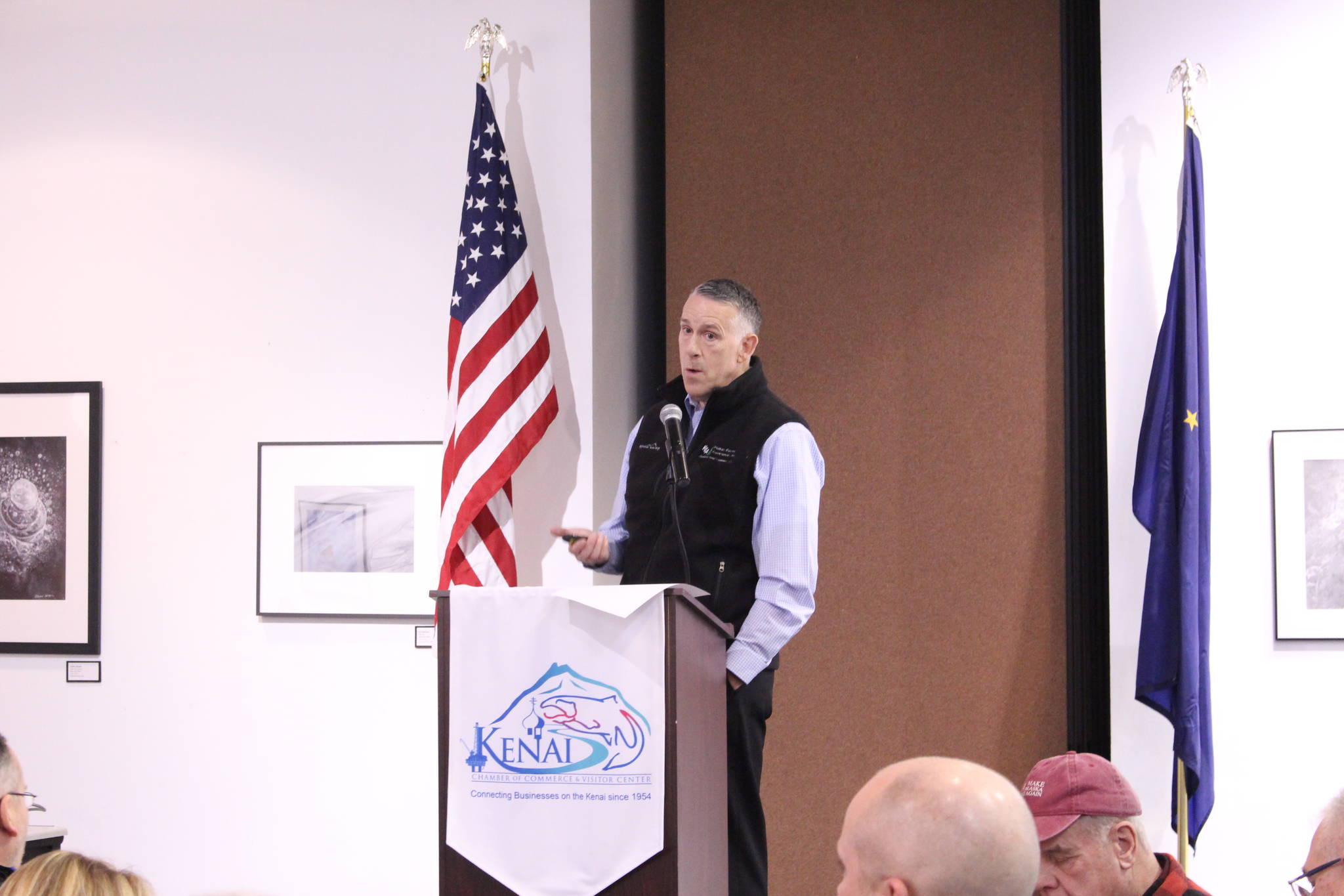 Photo by Brian Mazurek / Peninsula Clarion                                Bruce Shelley, Director of Member Relations for Homer Electric Association, gives a presentation Wednesday to the Kenai and Soldotna Chambers of Commerce at the Kenai Visitor and Cultural Center.