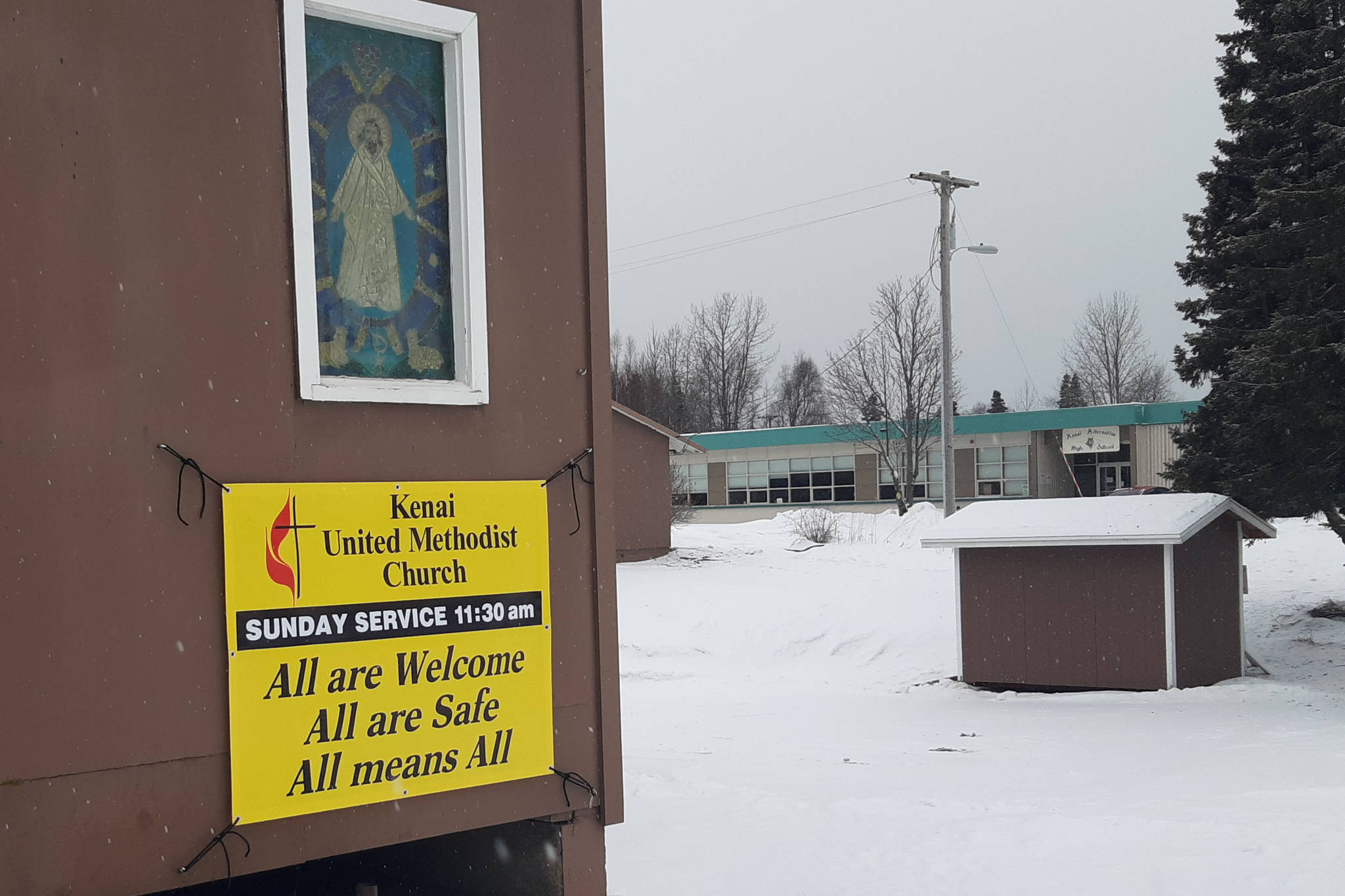 A sign at Kenai United Methodist Church promoting inclusivity is seen in Kenai on Wednesday, Feb. 5, 2020. (Photo by Brian Mazurek/Peninsula Clarion)