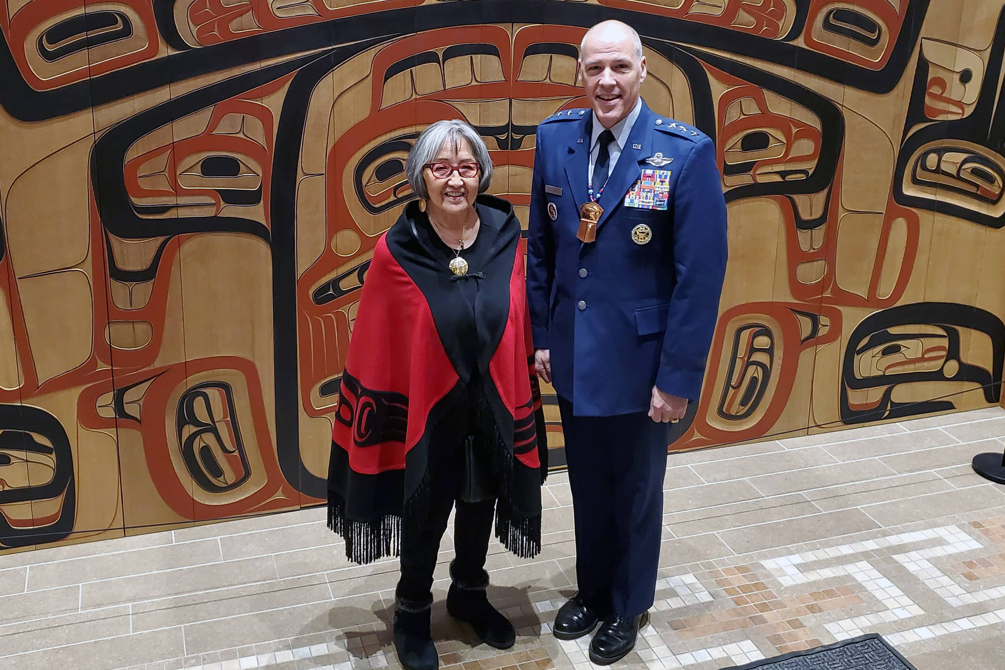 Ben Hohenstatt | Juneau Empire                                Sealaska Heritage Institute President Rosita Worl and Air Force Lt. Gen. Tom Bussiere, Commander for Alaskan Command, stand together following a day of meetings at SHI’s Walter Soboleff Building.