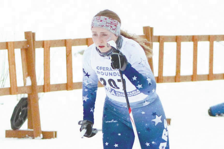 Soldotna’s Katie Delker competes in the Region III Championships Saturday, Feb. 8, 2020, at Government Peak Recreation area near Palmer. (Photo by Tim Rockey/Frontiersman)