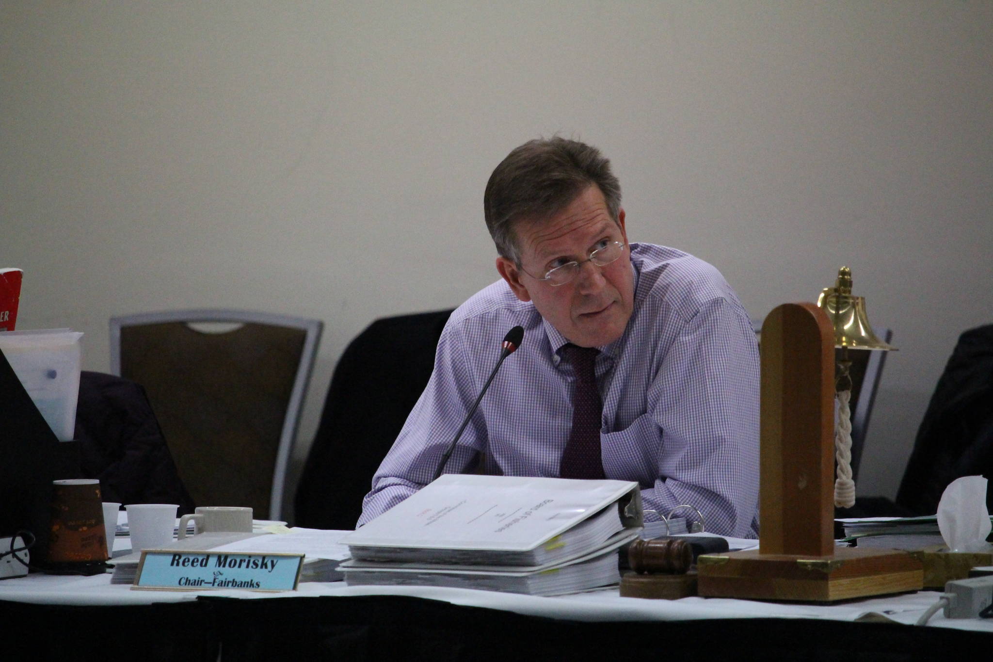 Reed Morisky, Chair of the Alaska Board of Fisheries, speaks during the Upper Cook Inlet Finfish meeting at the William A. Egan Convention Center in Anchorage, Alaska, on Feb. 11, 2020. (Photo by Brian Mazurek/Peninsula Clarion)