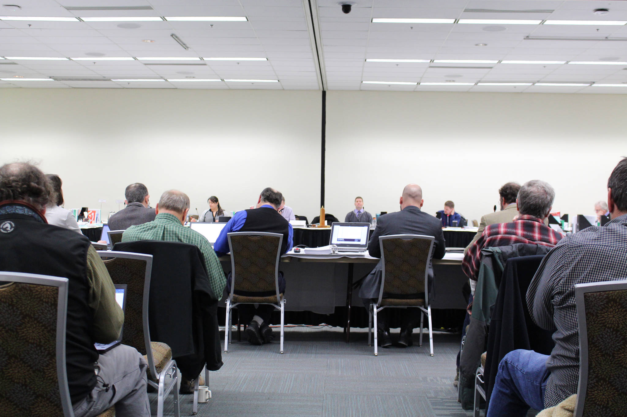 Members of the Alaska Board of Fisheries meet for the Upper Cook Inlet Finfish Meeting at the William A. Egan Convention Center in Anchorage, Alaska, on Feb. 11, 2020. (Photo by Brian Mazurek/Peninsula Clarion)