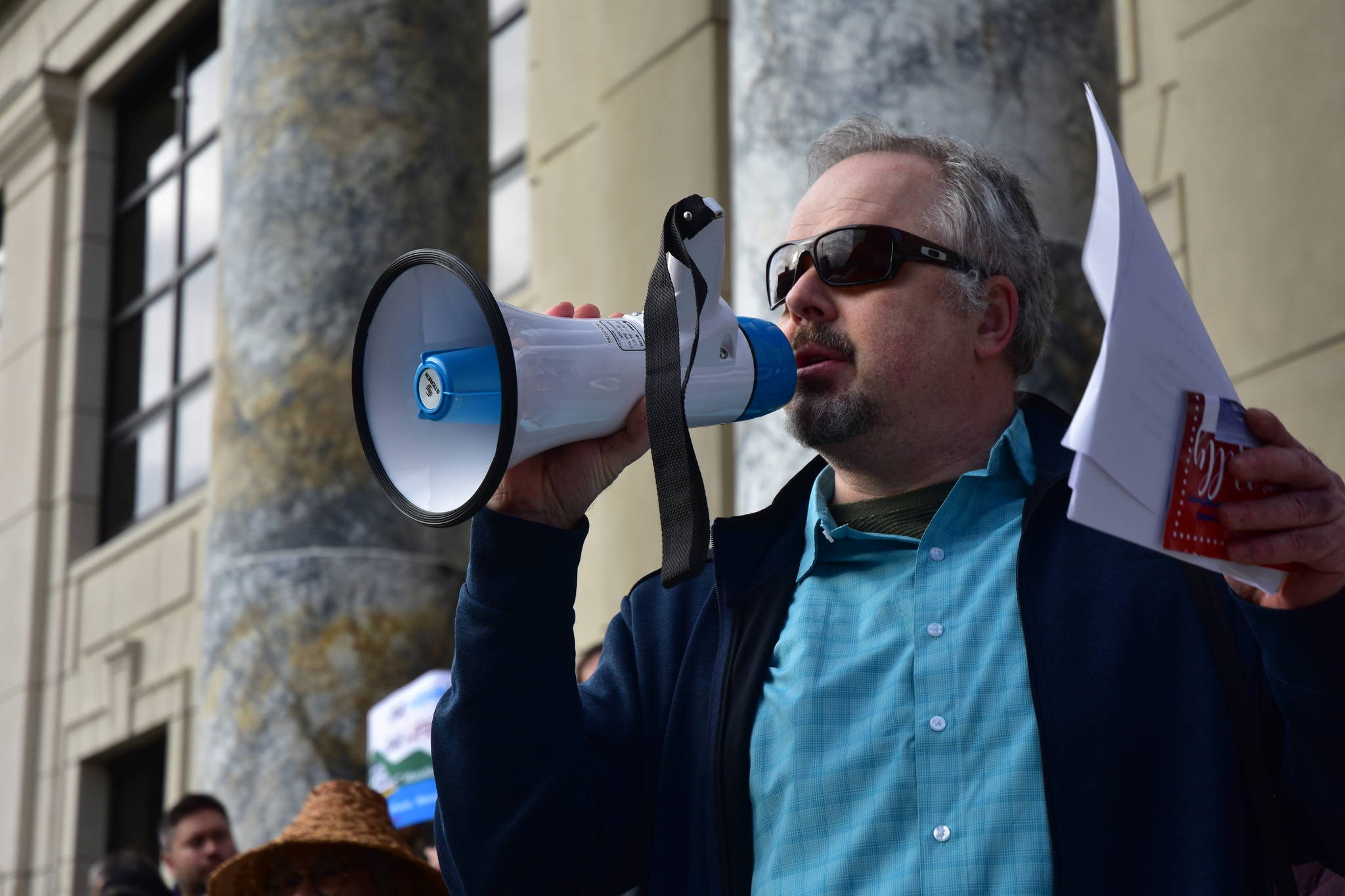 Peter Segall | Juneau Empire                                Robb Arnold, vice president of the Inland Boatmans Union of the Pacific, speaks at a rally Tuesday in support of the Alaska Marine Highway System.