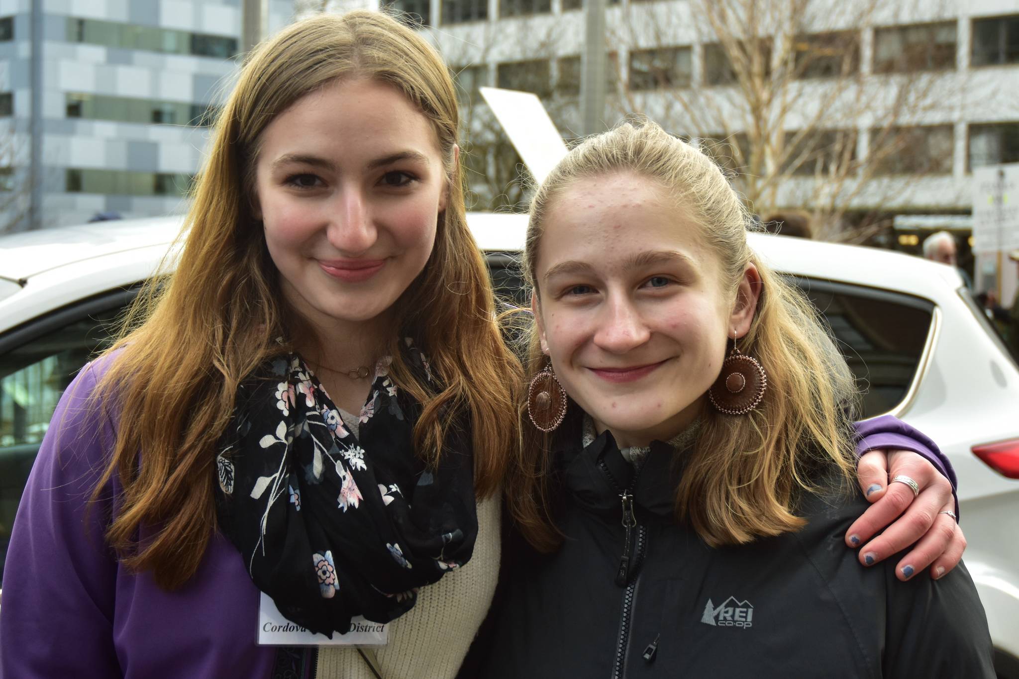 Maya Russin, left, and Mia Siebenmorgen, two Cordova High School students, are in Juneau to meet with legislators. The lack of ferry service to Cordova has severely affected their community, they said on Tuesday.                                Peter Segall | Juneau Empire