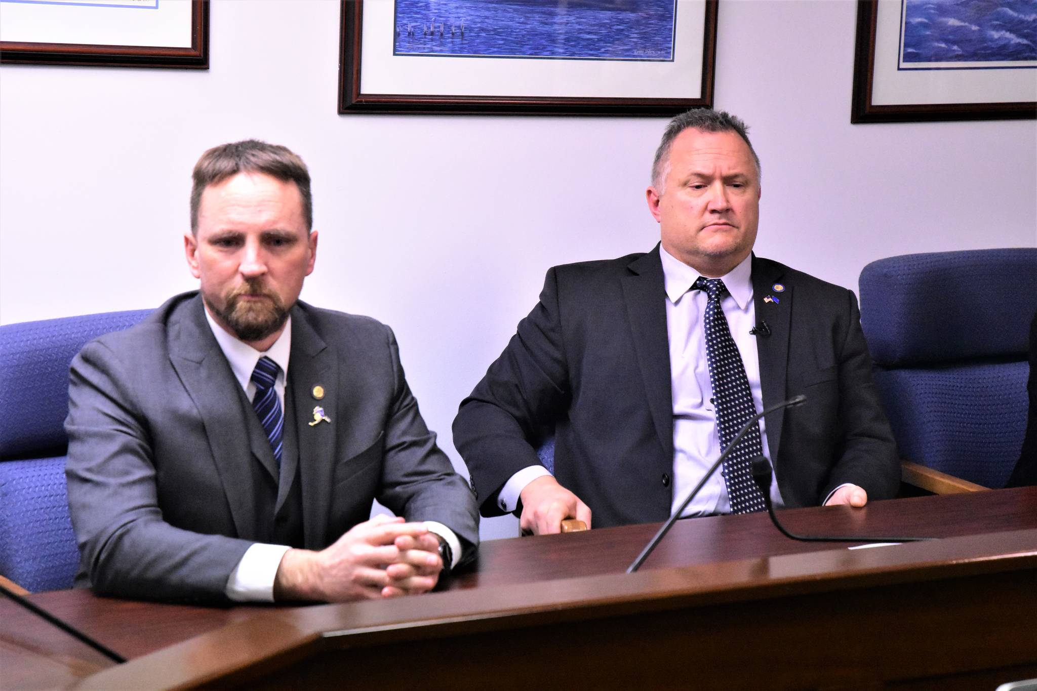 Peter Segall | Juneau Empire                                Sen. Mike Shower, R-Wasilla, and Rep. Ben Carpenter, R-Nikiski, attend a press conference Wednesday.