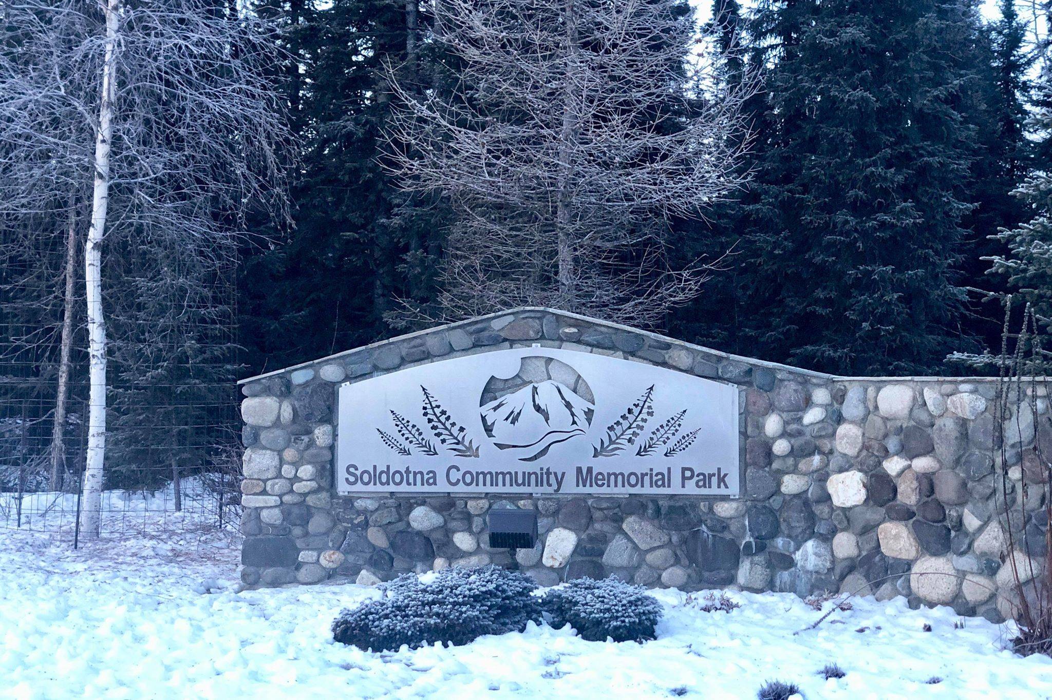 The entrance to Soldotna Community Memorial Park off of Redoubt Avenue, in Soldotna, Alaska, on Dec. 20, 2019. (Photo by Victoria Petersen/Peninsula Clarion)