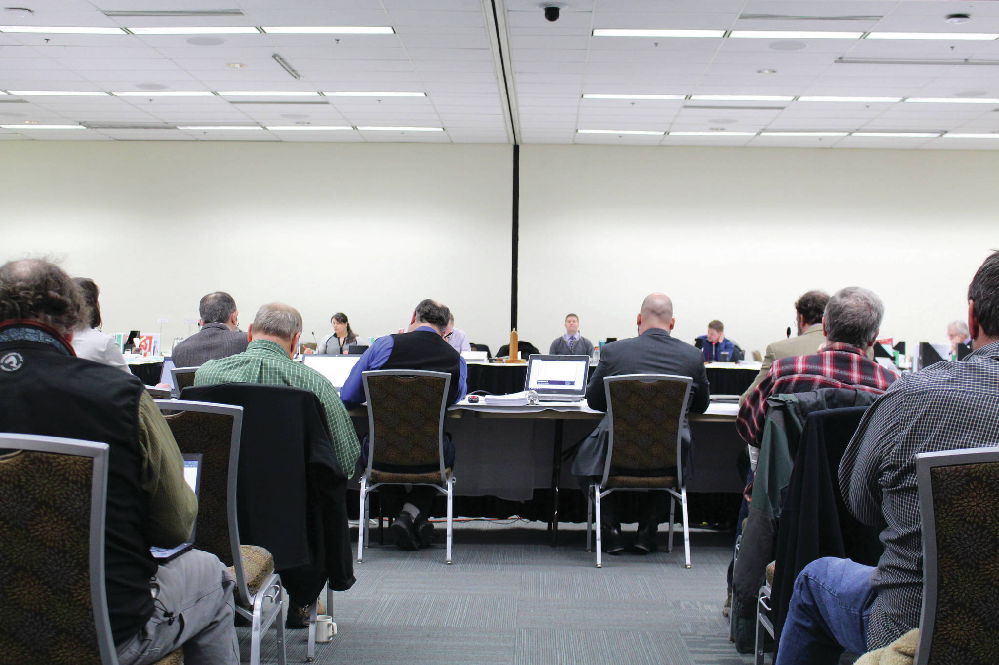 Members of the Alaska Board of Fisheries meet for the Upper Cook Inlet Finfish Meeting at the William A. Egan Convention Center in Anchorage, Alaska, on Feb. 11, 2020. (Photo by Brian Mazurek/Peninsula Clarion)