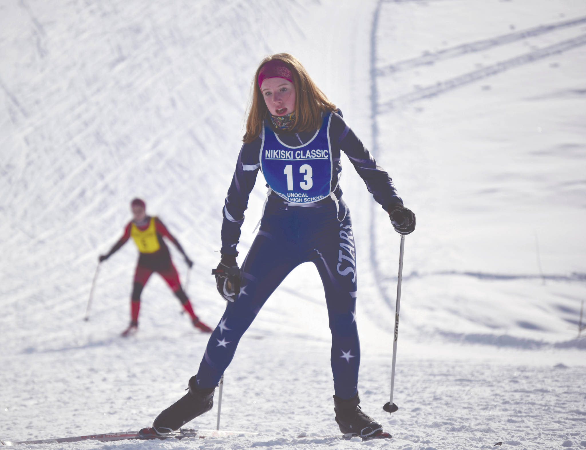 Soldotna’s Sonja Saleva climbs a hill at the Kenai Peninsula Borough Nordic ski championships Saturday, Feb. 15, 2020 at Tsalteshi Trails just outside of Soldotna, Alaska. (Photo by Jeff Helminiak/Peninsula Clarion)