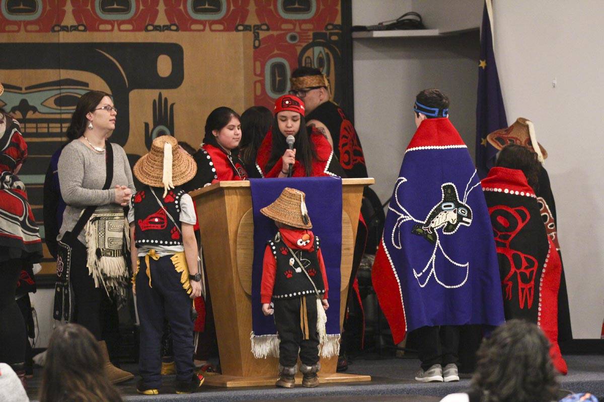 Michael S. Lockett | Juneau Empire                                The All Nations Children dance group prepare to perform a song during the Elizabeth Peratrovich Day celebration at the Tlingit and Haida Community Council on Sunday.