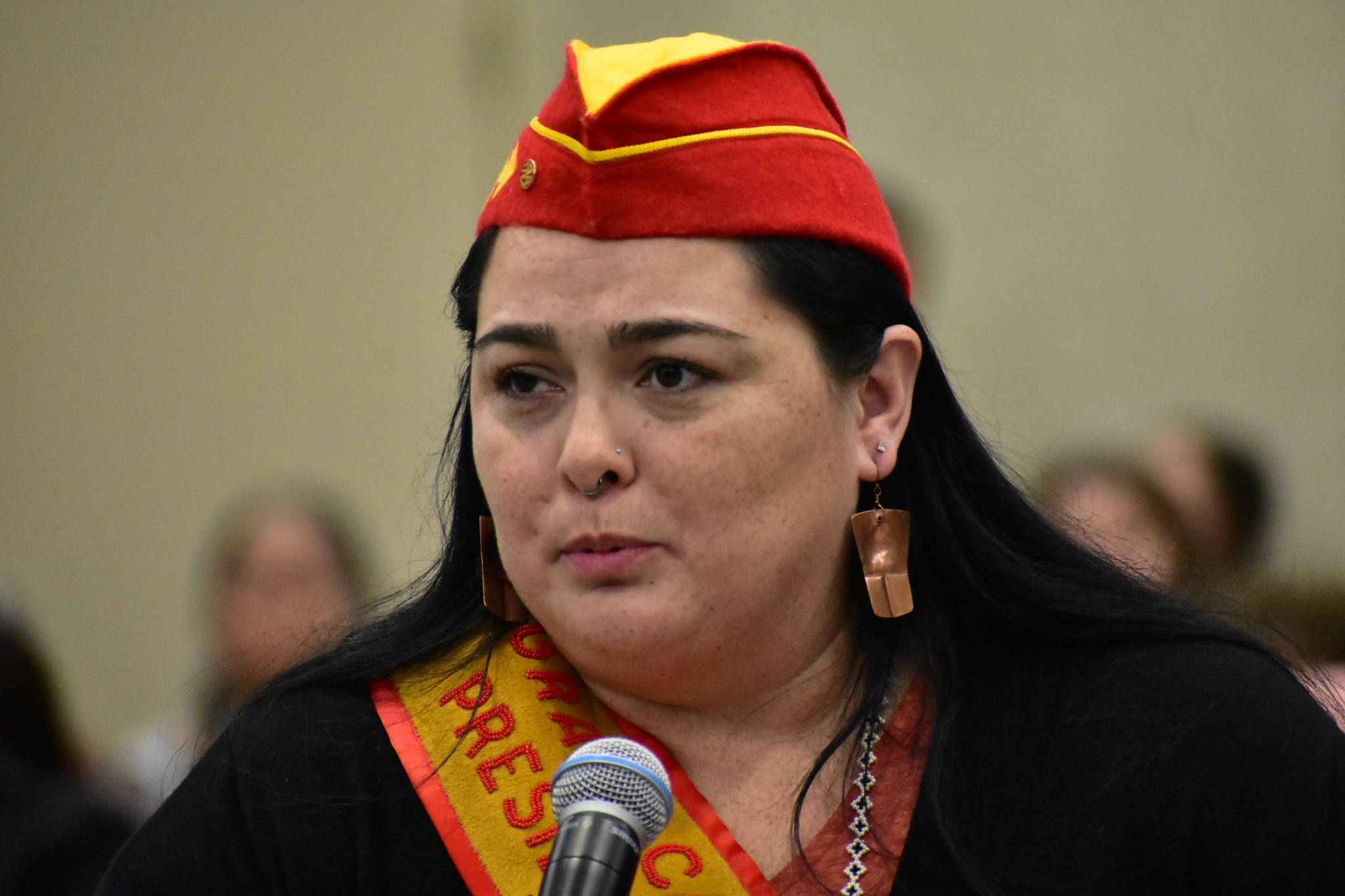 Alaska Native Brotherhood Grand President Heather Gurko speaks at the Native Issues Forum at Elizabeth Peratrovich Hall on Monday, Feb. 17, 2020. (Peter Segall | Juneau Empire)