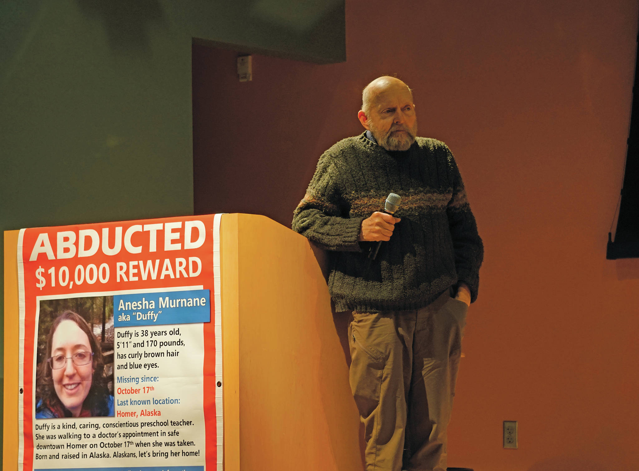 Ed Berg, the step-father of Anesha “Duffy” Murnane, speaks at a community conversation about the missing Homer woman Thursday, Feb. 13, 2020, at Alaska Islands and Ocean Visitor Center in Homer, Alaska. (Photo by Michael Armstrong/Homer News)                                Ed Berg, the step-father of Anesha “Duffy” Murnane, speaks at a community conversation about the missing Homer woman Thursday, Feb. 13, 2020, at Alaska Islands and Ocean Visitor Center in Homer, Alaska. (Photo by Michael Armstrong/Homer News)