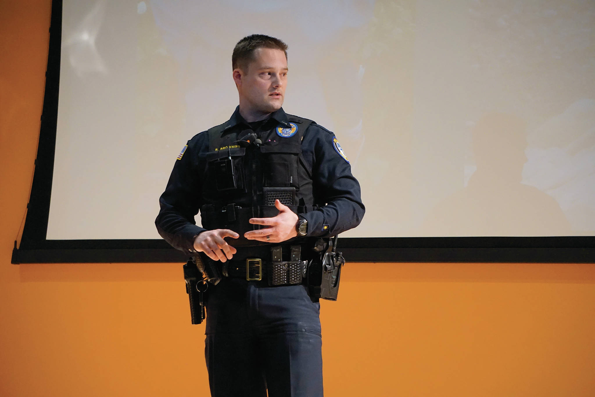 Homer Police Lt. Ryan Browning speaks at a community conversation about a missing Homer woman, Anesha “Duffy” Murnane, Thursday, Feb. 13, 2020, at Alaska Islands and Ocean Visitor Center in Homer, Alaska. (Photo by Michael Armstrong/Homer News)